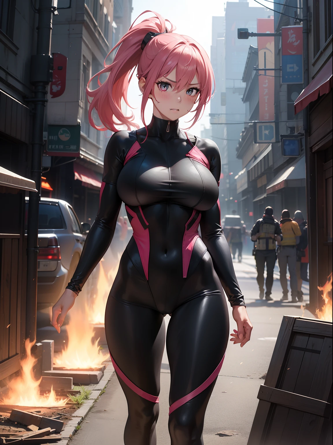 (Best quality,4K,8K,A high resolution,Masterpiece:1.2),Ultra-detailed,(Realistic,Photorealistic,photo-realistic:1.37),hdr,hyper HD,Studio lighting,Ultra-fine painting,Sharp focus,Physically-based rendering,Extreme detail description,professional,Vivid colors,Bokeh,sportrait,landscape,Horror,anime big breast,Sci-fi,Photography,Concept artist,Five fingers,huge tit,Buttock augmentation,Bursting chest,A woman surrounded by many hooligans,Dirt and long legs,Fitness model,Pink ponytail,Height 175cm,Fair skin,Painful expressions,perspire,Blushing,bleeding from the corners of her mouth,in black tight bodysuit,There were multiple stab wounds on his body,Stand on the path of firelight,Full body view,Cospaly Promotion,All roles,Shot with Canon 5D MK4,Cospali photo.