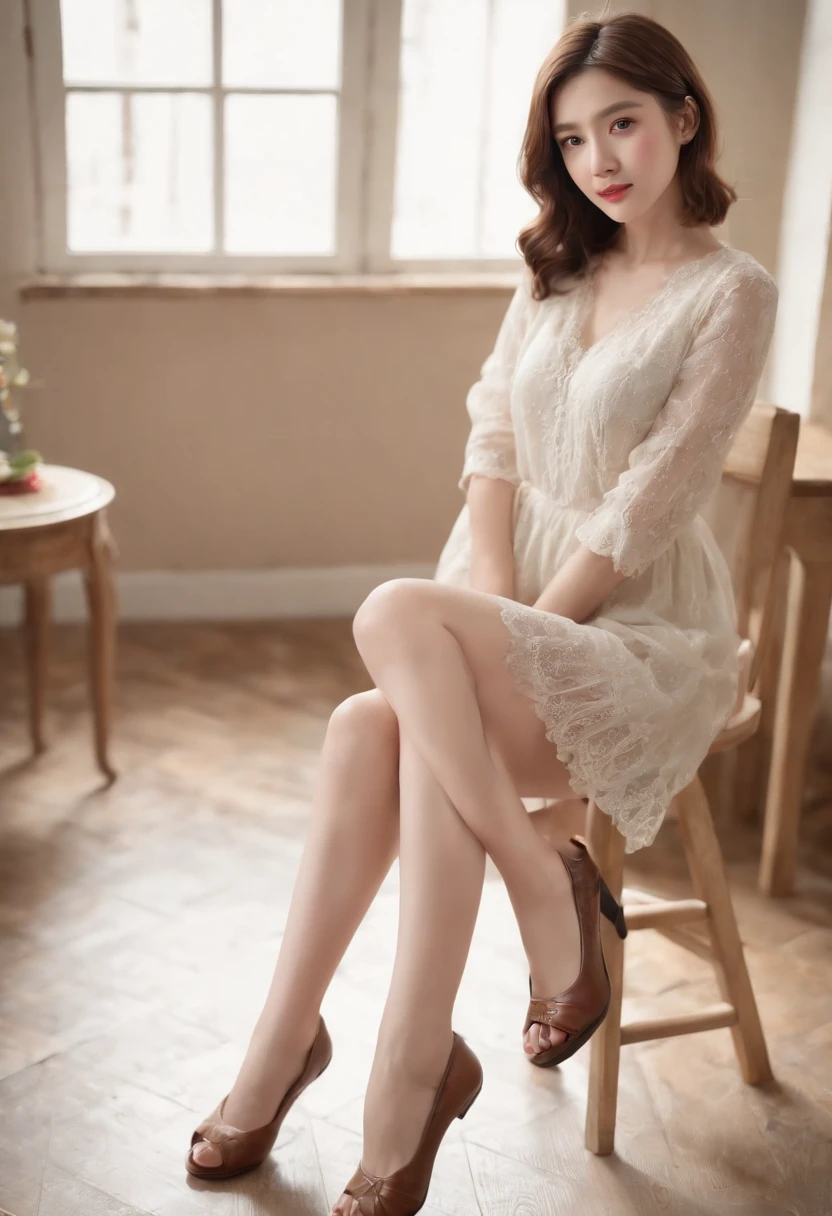 (Best quality, Ultra HD, High-res, Masterpiece:1.2), (Photorealistic:1.4), 1 girl,sitting on a stool, Tajiro legs, Expose the soles of your feet，5 toes, Calves, wooden floor, Messy room, A sole, Detailed soles, Clear facial features, short detailed hair, Clear flesh-colored stockings