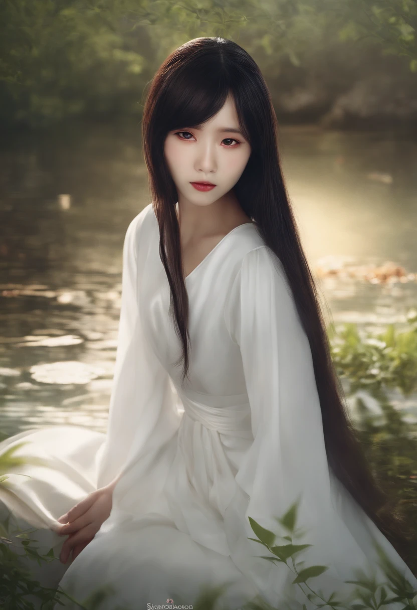 masterpiece, best quality,sadako_yamamura, white dress, red eyes, hair covering eyes, simple background, portrait,