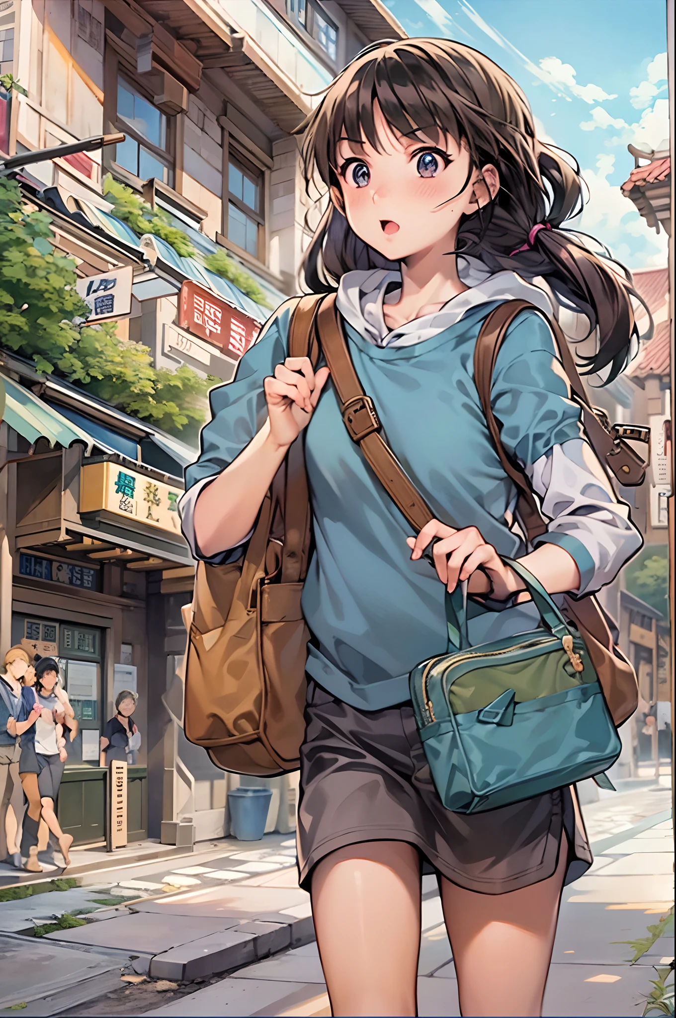 （（（Comic storyboard））），comic strip，Two-dimensional picture，Manhwa Style，Ultra-wide angle of view，China-style，A young girl carrying a school bag runs through the streets of a scenic town，Vivid and bright colors，super-fine，ultra - detailed，high qulity，8K ，oc rendered，dynamic viewing angle，Hyper-realistic，Hyper Real，Ultra photo realsisim