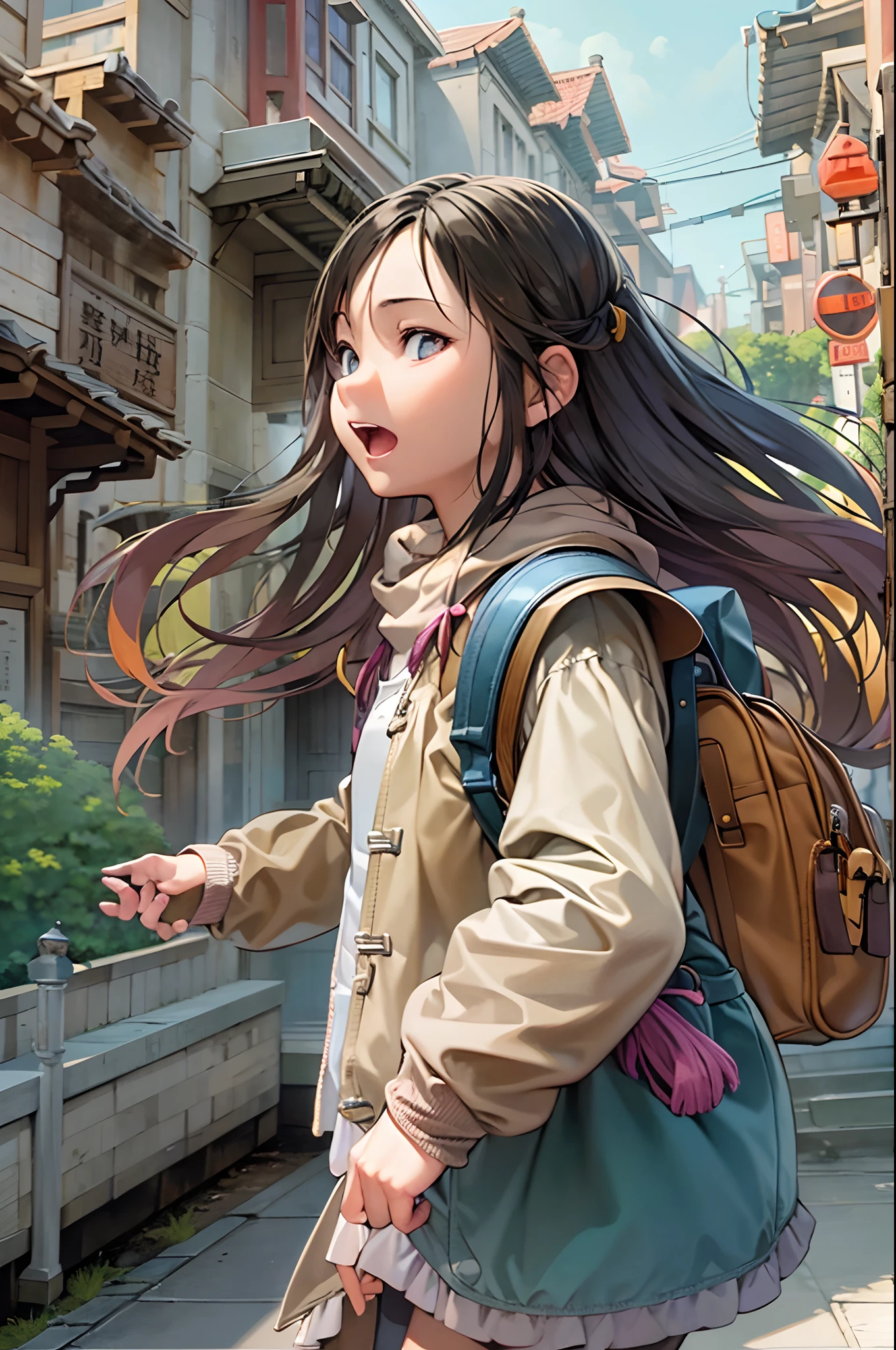 （（（Comic storyboard））），comic strip，Two-dimensional picture，Manhwa Style，Ultra-wide angle of view，China-style，A young girl carrying a school bag runs through the streets of a scenic town，Vivid and bright colors，super-fine，ultra - detailed，high qulity，8K ，oc rendered，dynamic viewing angle，Hyper-realistic，Hyper Real，Ultra photo realsisim