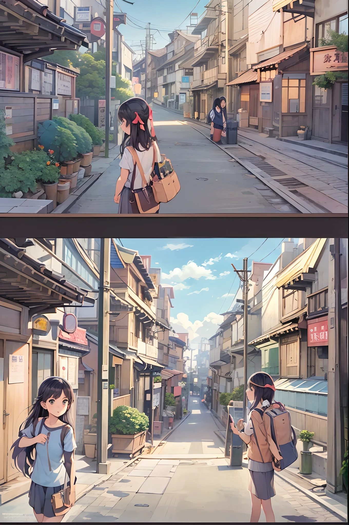 （（（Comic storyboard））），comic strip，Two-dimensional picture，Manhwa Style，Ultra-wide angle of view，China-style，A young girl carrying a school bag runs through the streets of a scenic town，Vivid and bright colors，super-fine，ultra - detailed，high qulity，8K ，oc rendered，dynamic viewing angle，Hyper-realistic，Hyper Real，Ultra photo realsisim