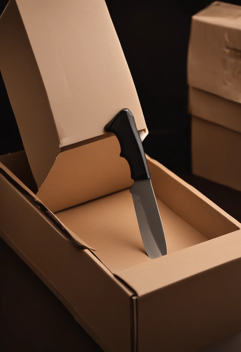 Cutting the top of box tape on a closed recycling box with small knife. Box color is beige. The overall style of the image should be surrealism. The image should have a 4k resolution and be of the highest quality, capturing every precise detail.