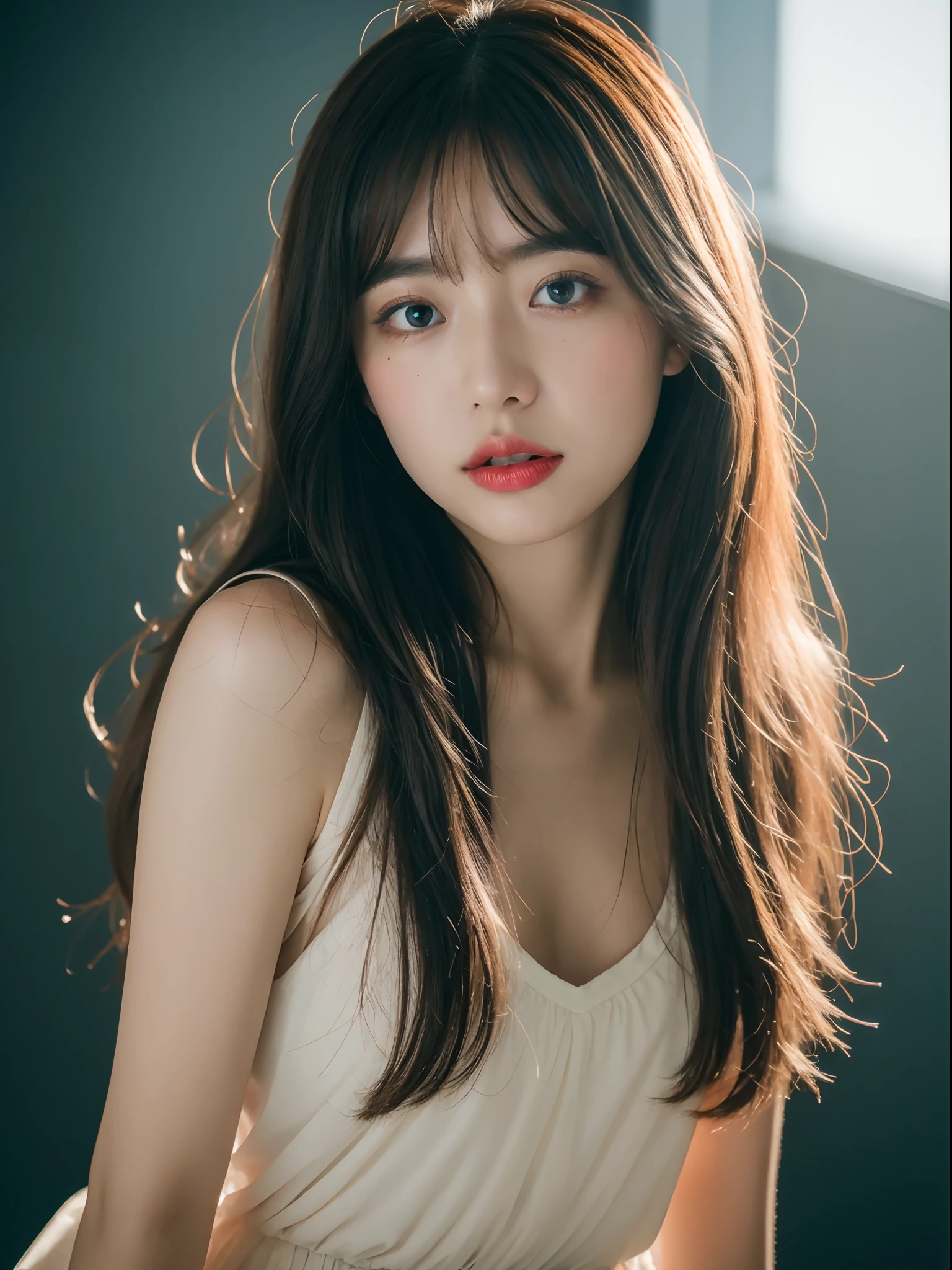 a beautiful woman,frontage,The angle of the waist up,Detailed eyes,largeeyes,黑The eye,White skin of the,Slender,brunette color hair,long whitr hair,Wet hair,Wet skin,The background is the hotel room with the night view,Rain outside the window,Water dripping on the window,Swollen eyes,sad expressions,Raised sexy,wearing a plain white t-shirt,the night,hair straight,By bangs,
