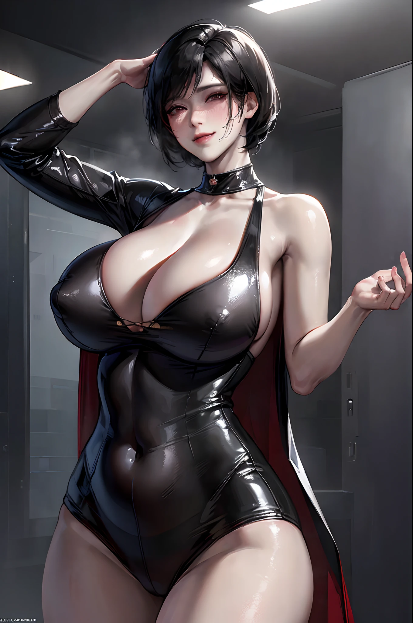 (masterpiece:1.3), (8K, Photorealsitic, Raw photography, Top image quality: 1.4) , Ada Wong\(Resident Evil\), showing her sweaty ass to the camera, erotic pose, outside an motel, (night:1.2), intricate, bokeh, cinematic lighting, photon mapping, radiosity, physically-based rendering, Beautiful detailed sky, ,(nose blush),(Smile:1.1),(Closed mouth),(gigantic cleavage breasts:2.0), (((Sagging breasts))), (((large full breasts))), breast_expansion, (((Ultra detail glossy skin)))) , Seductive smile, large aparture, Professional Lighting, Sony A7R4, Zessie 50mm f1.8,Beautiful detailed eyes.