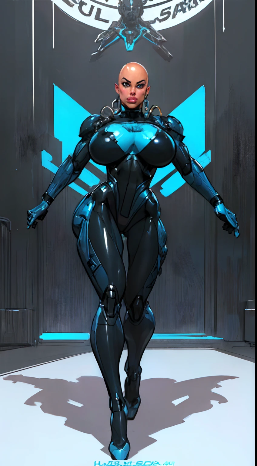 8k ((full body view))((view from below:1.5)),(large eyes:1.3), defined cheekbones, looking back, ((the pit style:1.4))((sleek dark blue bodysuit:1.6)) ((intricate metal details:1.4))detailed face:1.5), lightblue skin,(puffy lips:1.5) (lightblue skin:1.6), (bald woman:1.7), (skinhead) ((sexy pose)),(Muscular:1.3), ((gigantic breasts:1.5)), )highly detailed, ((intricate neon lines on bodysuit)), majestic, digital photography, art by artgerm and ruan jia and greg rutkowski, ((metal shoulder pads:1.2)), (masterpiece), sidelighting, intricate details, (((black color palette)))