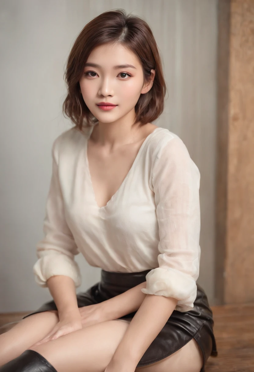 (Best quality, Ultra HD, High-res, Masterpiece:1.2), (Photorealistic:1.4), 1 girl, Beautiful Chinese girl, Leather clothes, 5 toes, Calves, wooden floor, Messy room, A sole, Detailed soles,, Clear facial features, short detailed hair, Clear flesh-colored stockings