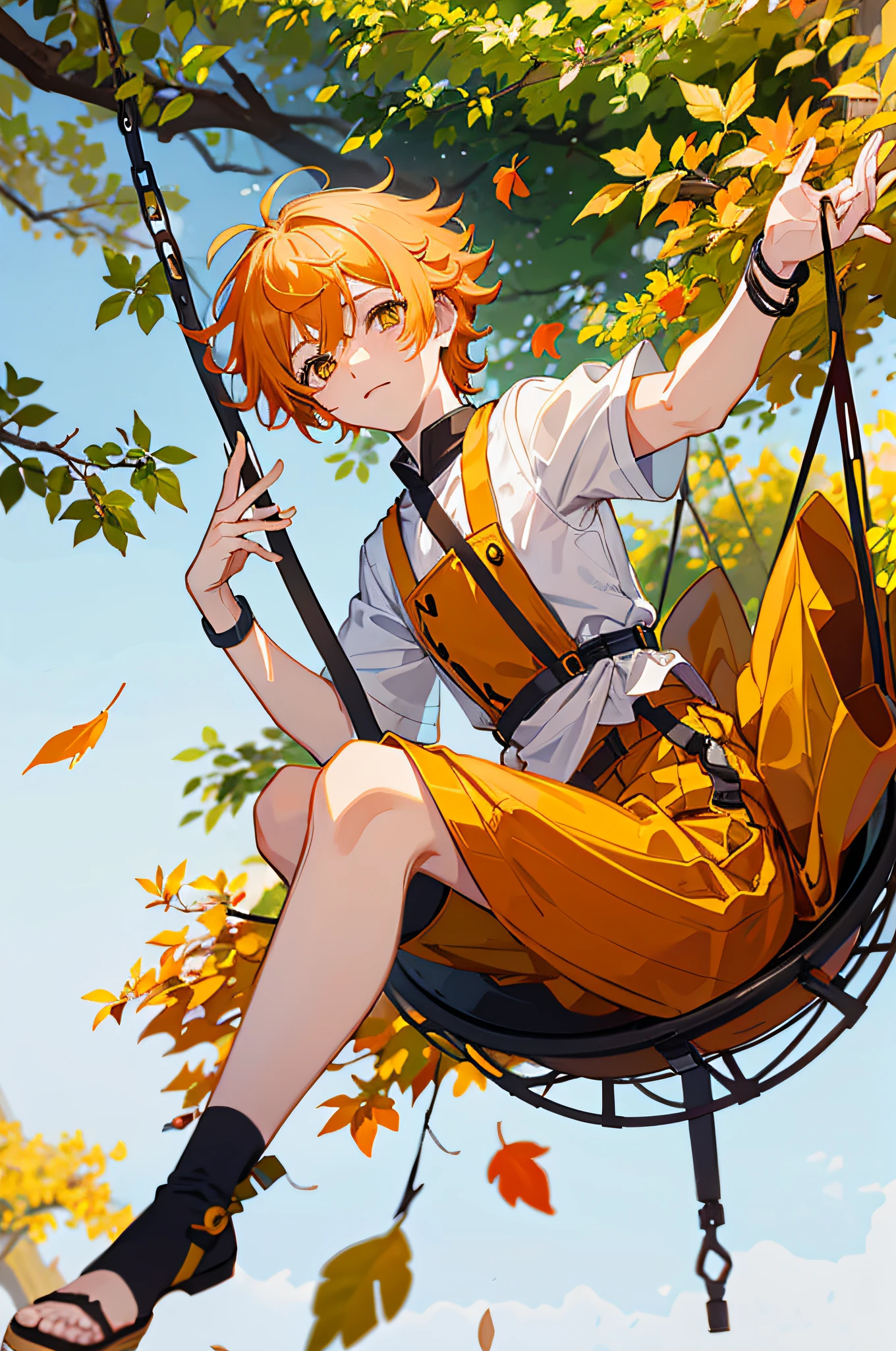 16K,HD,Libido boy,Orange-yellow hair,(Deciduous hair ornaments on the head 1:1.75),Yellow and white student outfit,Background swing with falling leaves(1:2.5)