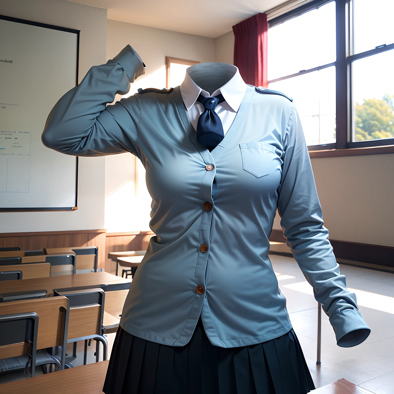 school uniforms, ((invisible, no humans:1.5, headless:1.5, handless, legless)), (detailed), (photo realistic:2), (photon mapping), (8k), in classroom
