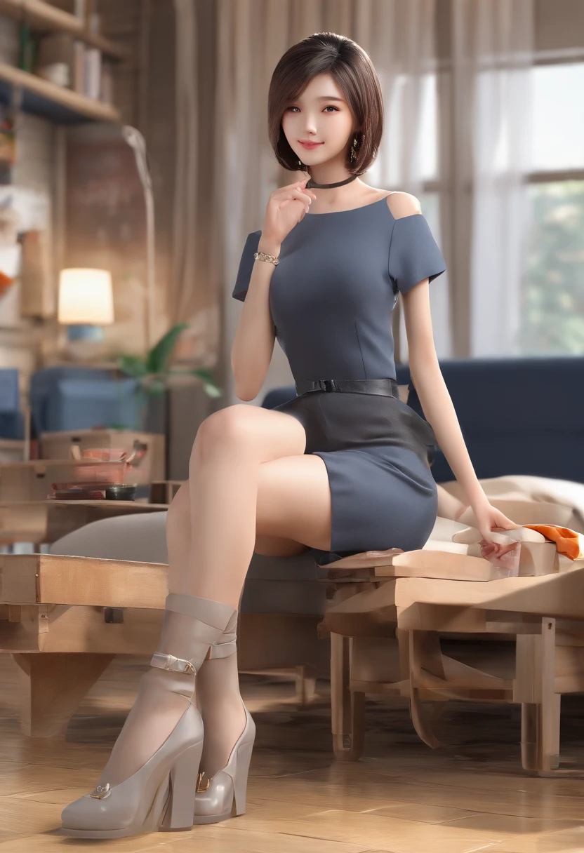 (Best quality, Ultra HD, High-res, Masterpiece:1.2), (Photorealistic:1.4), 1 girl, Beautiful Chinese girl, Leather clothes, 5 toes, Calves, wooden floor, Messy room, A sole, Detailed soles,, Clear facial features, short detailed hair, Clear flesh-colored stockings