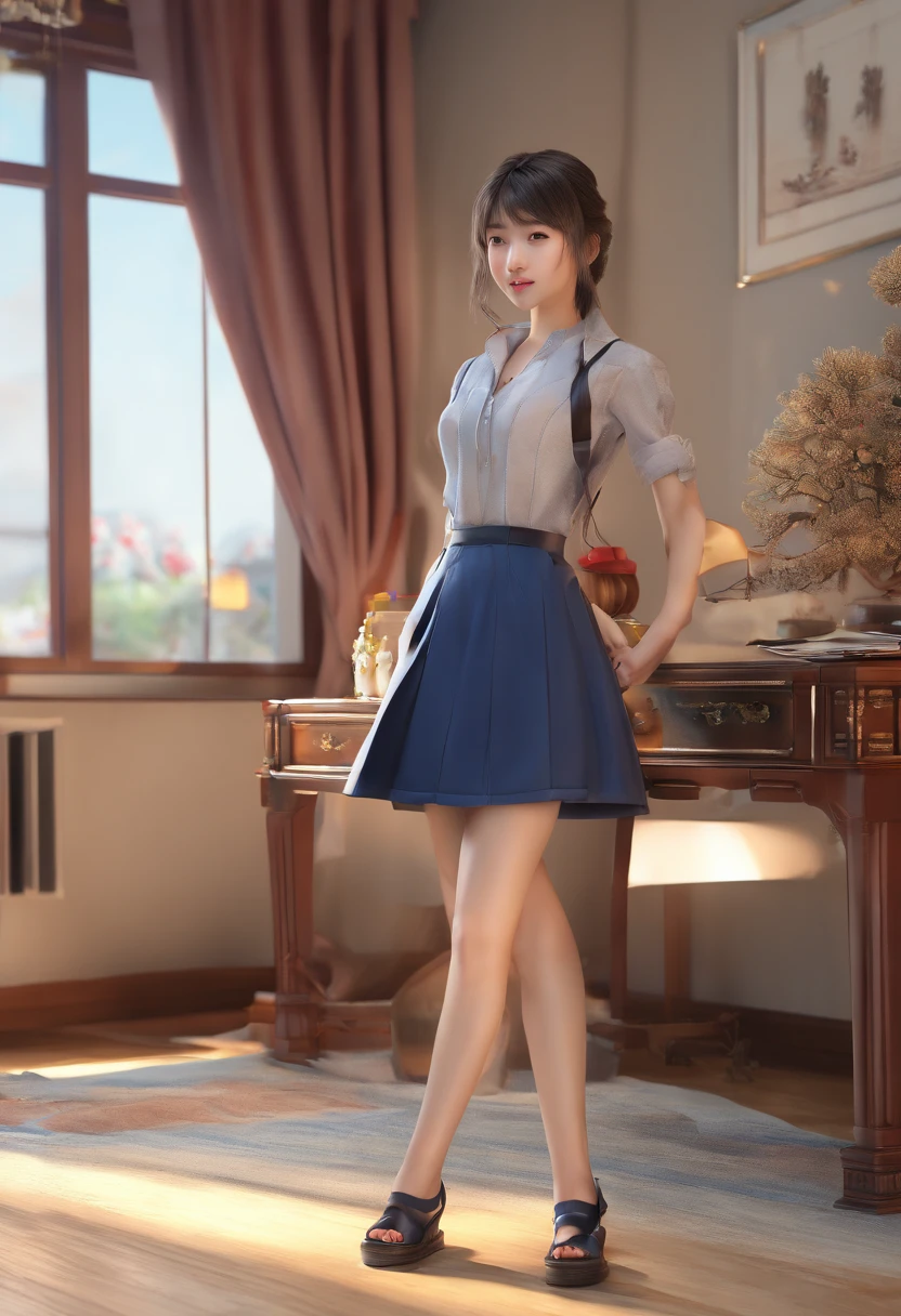 (Best quality, Ultra HD, High-res, Masterpiece:1.2), (Photorealistic:1.4), 1 girl, Beautiful Chinese girl, Leather clothes, 5 toes, Calves, wooden floor, Messy room, A sole, Detailed soles,, Clear facial features, short detailed hair, Clear flesh-colored stockings