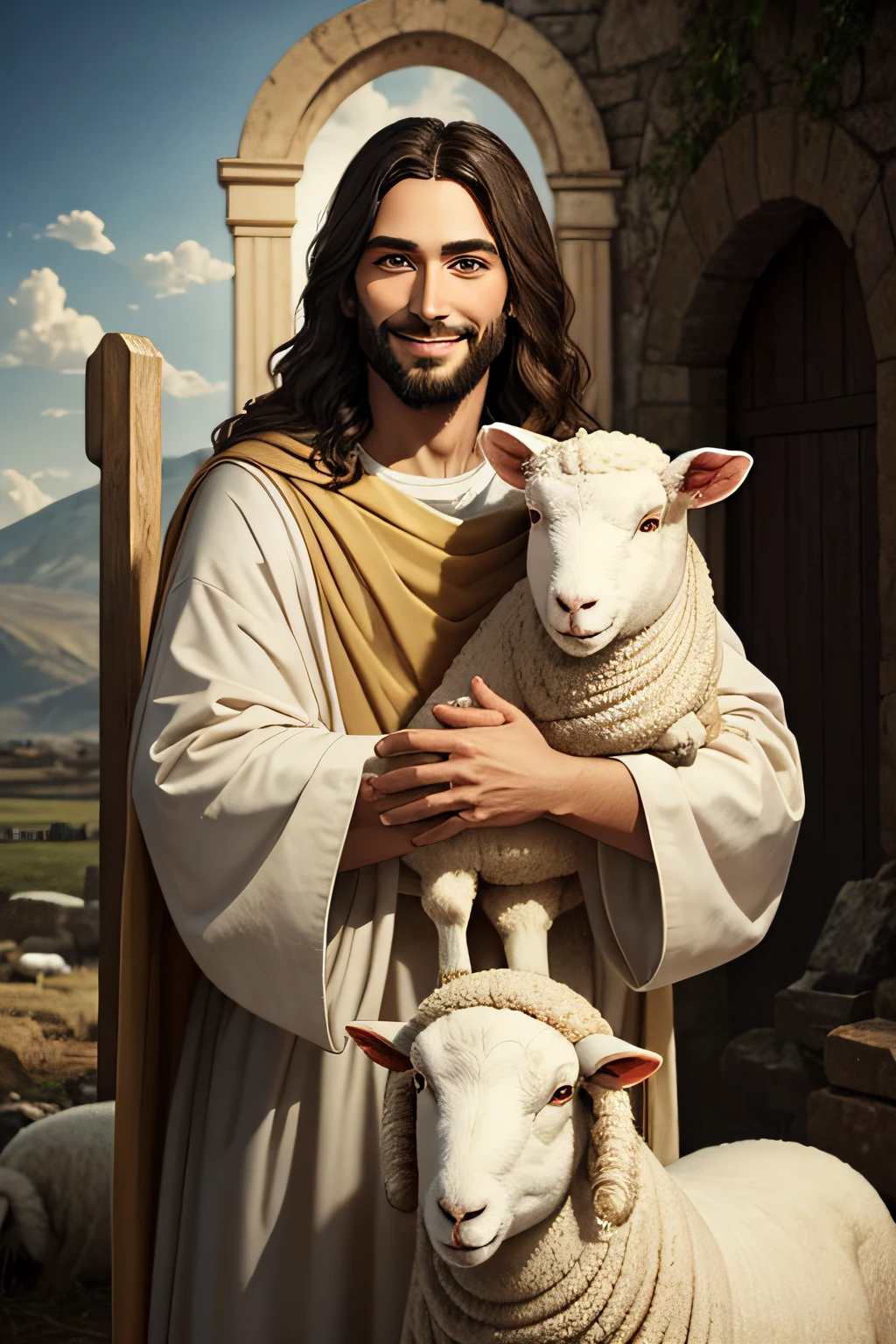 Jesus smiling with a sheep in his arms