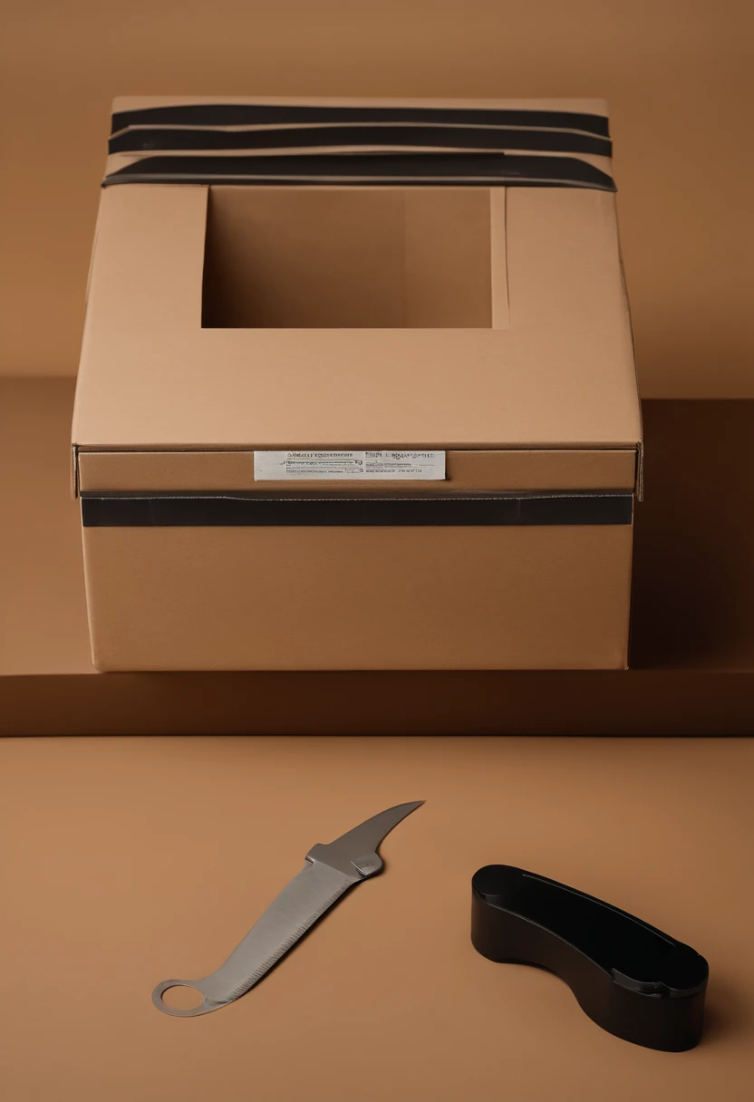 Cutting the top of box tape on a closed recycling box with small knife. The box is intact. Box color is beige. Box is not The image should have a 4k resolution and be of the highest quality, capturing every precise detail.