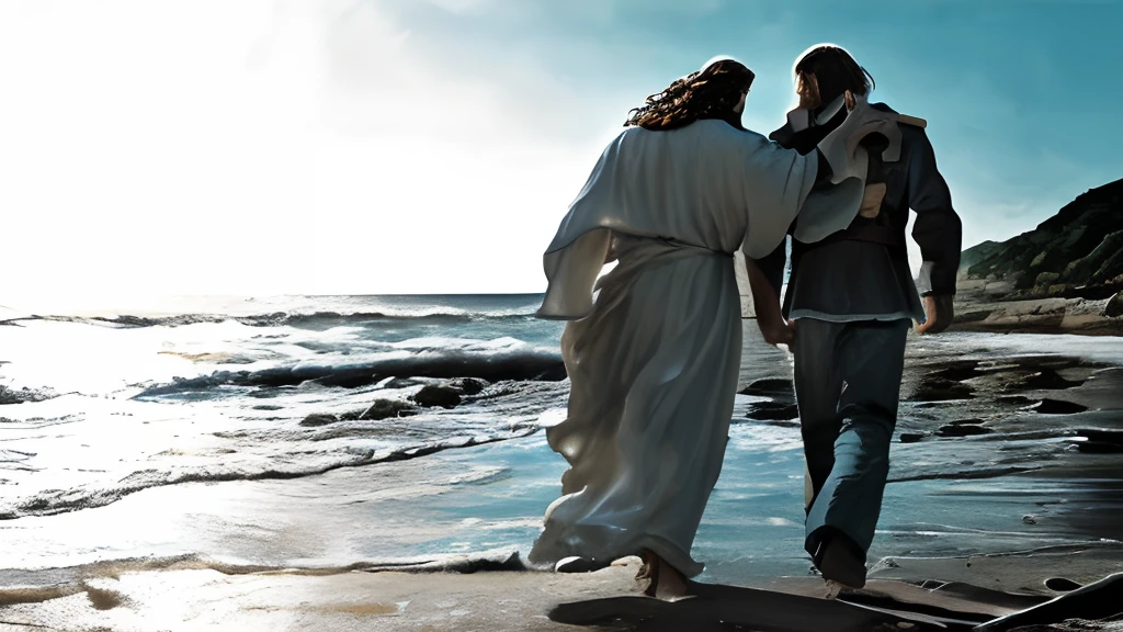Jesus walking beside a young man by the sea, ultrarealismo