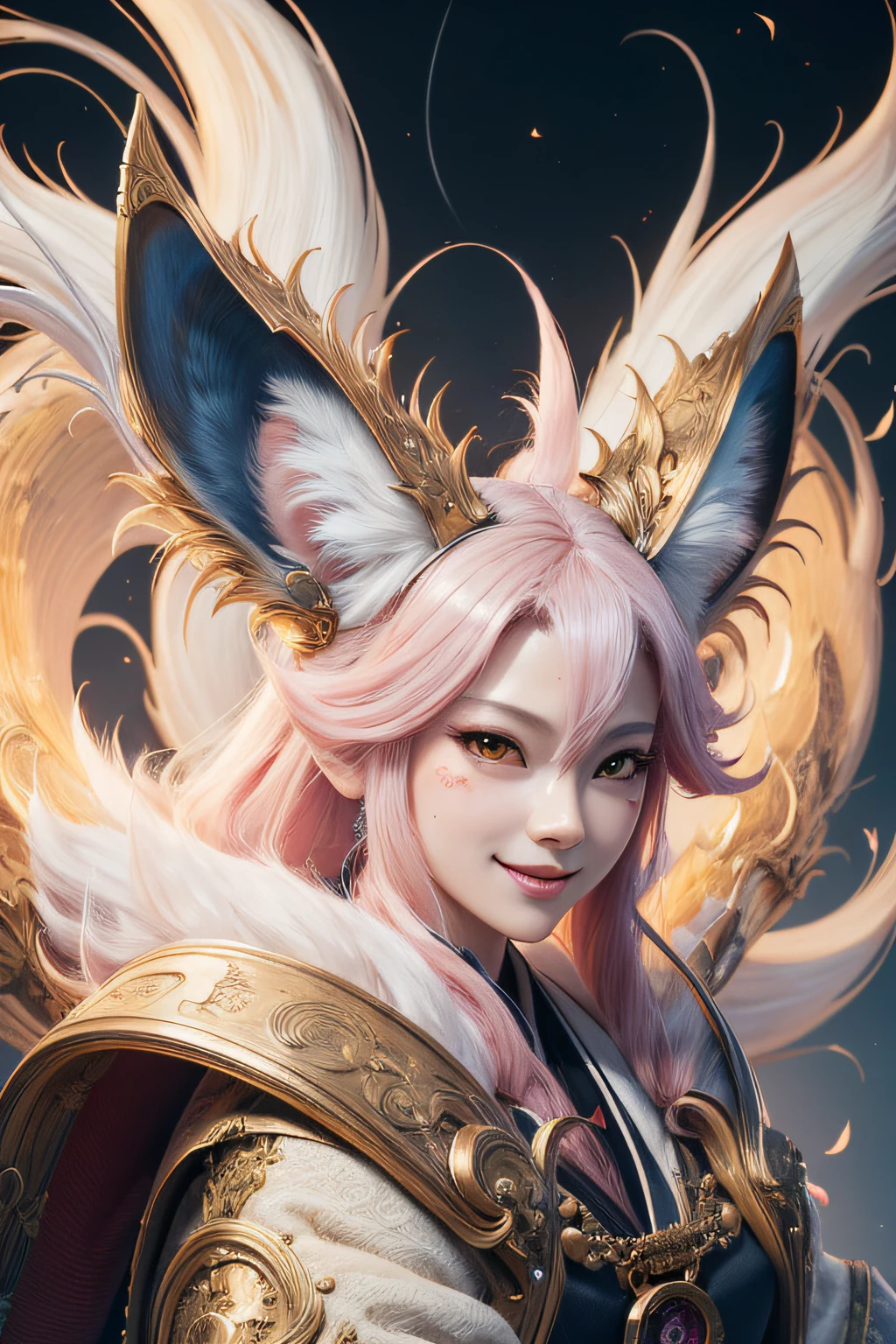 beautiful japanese young woman,Solo, Happy smiling official art, Unity 8k wallpaper, Ultra detailed, Beautiful and aesthetic, Beautiful, Masterpiece, Best quality, Kitsune witch, kitsune mask, Pink and white haori jacket, Foxfire spell, The fox is familiar, Transformation,Depth of field,