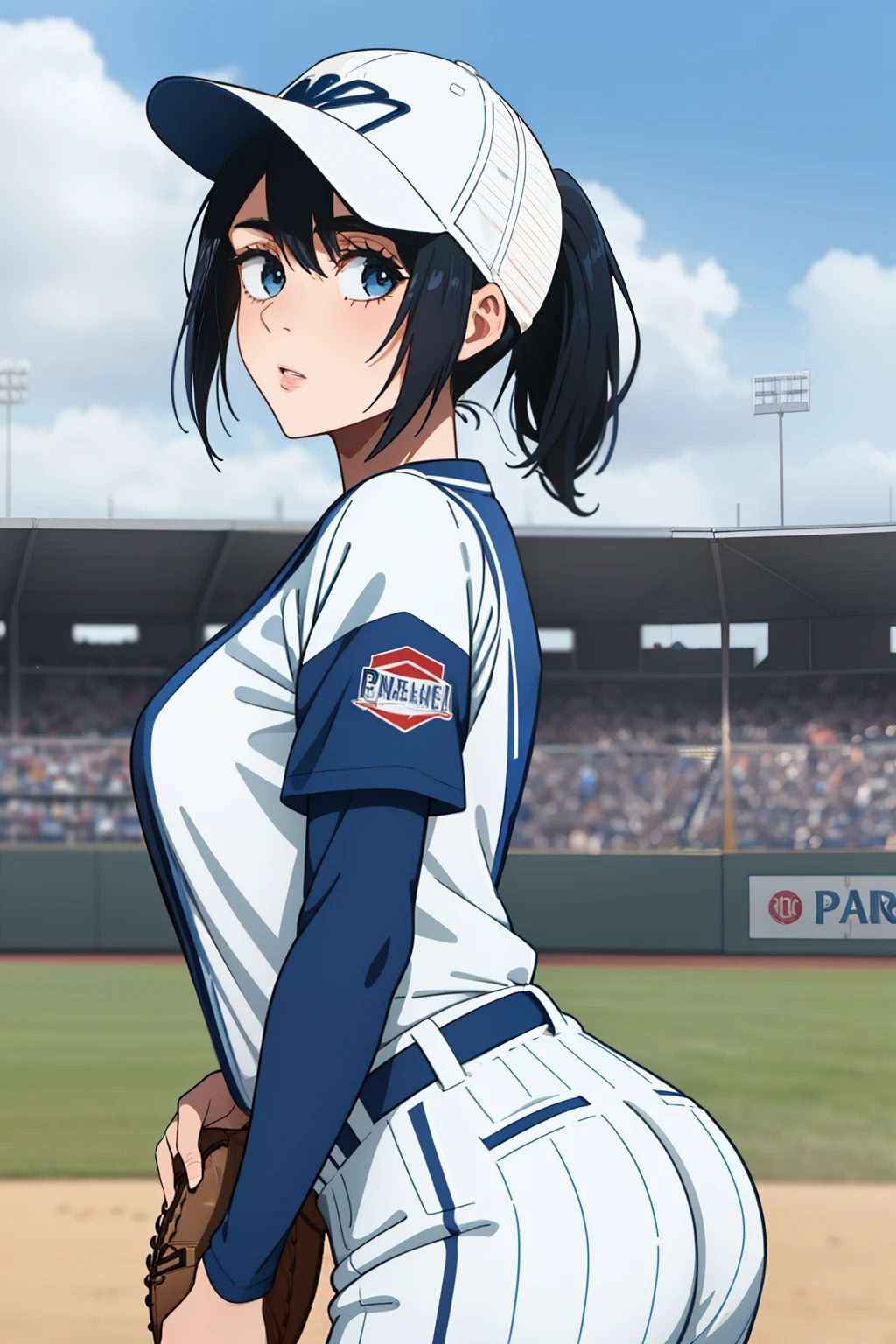 neocoill,  masterpiece, best quality, 1girl, baseball uniform, solo, baseball mitt, baseball cap, hat, baseball, sky, sportswear, cloud, black hair, blue sky, day, holding, shirt, bangs, medium hair, long sleeves, standing, holding ball, outdoors, looking at viewer, parted lips, large breasts, mature female,