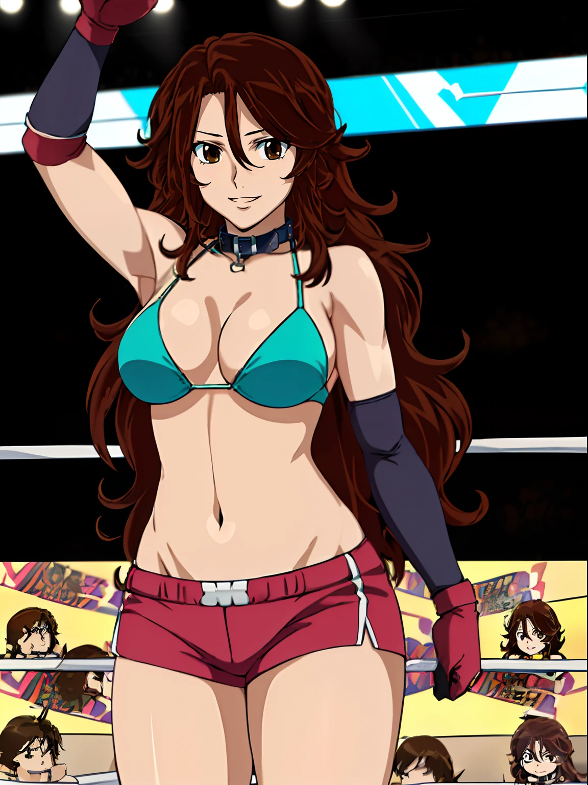 (wrestler), body view, anime style: 1.8, anime drawing, ultra detailed face, ultra detailed body, 4k, Sumergai Lee Noriega, (standing), best quality, anime style, hires, highest definition, digital blending, bold drawing lines, ((wwe diva), (location: wrestling arena, crowds watching), ( slim body, little biceps, thighs, off-shoulders, (curvy: 2.8)), ((bikini, shorts, groin, , white gloves, collar, elbow pad)), victorious, winner, gentle, (big breasts, smile), (big eyes, brown eyes), (clapping), (brown hair, loose hair, curly hair, wavy hair, long hair, missy hair), 27 years old,