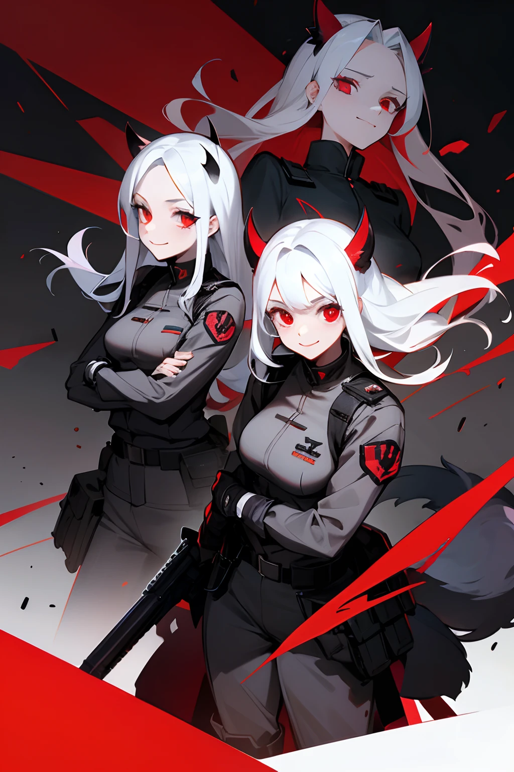 3 girls, Helltaker Cerberus, military uniform, Military Vest, bodyarmor, red-eyes, tail, white colored hair, Smile, Machines