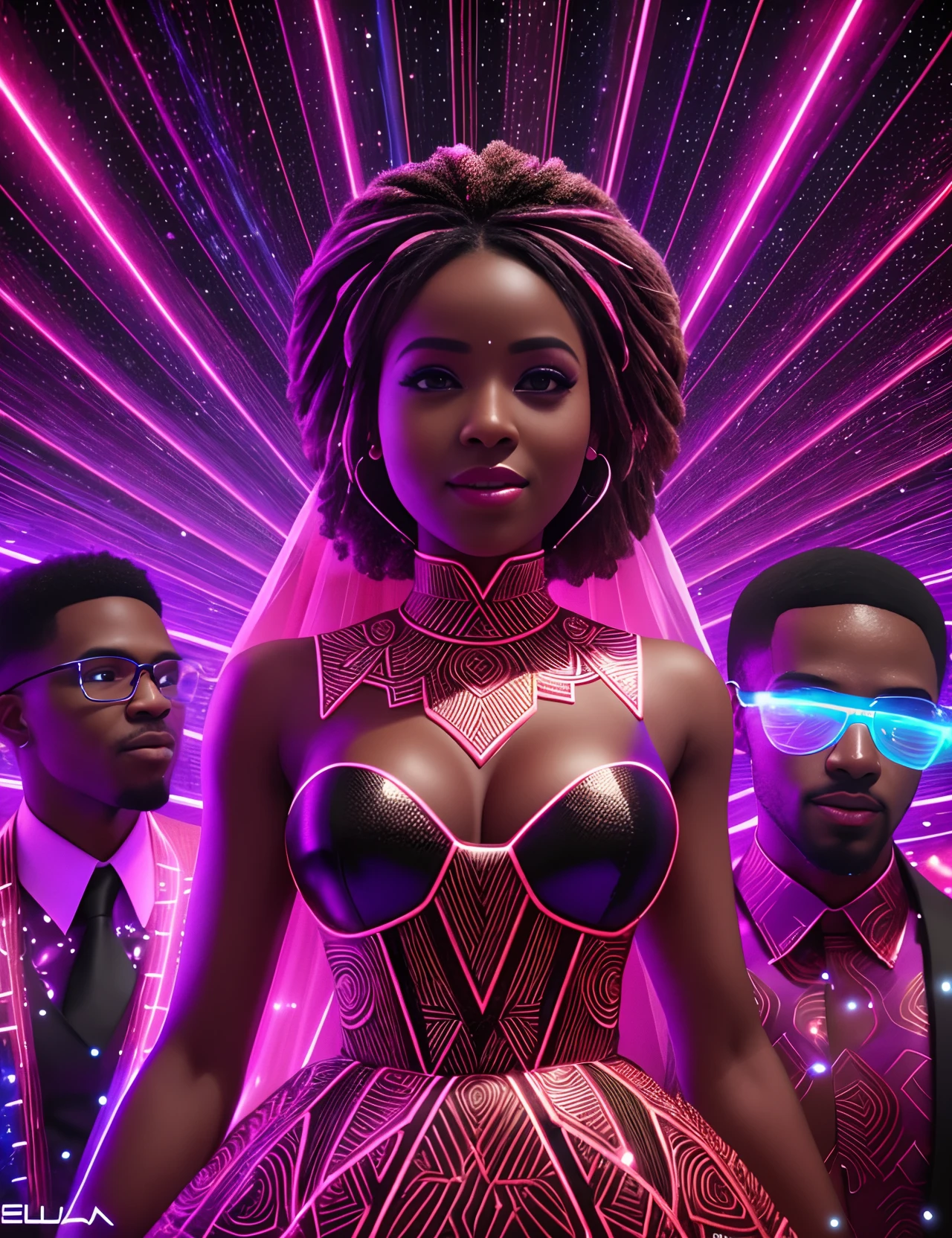 a happy Black man wedding a black woman both wearing african designed clothes getting married, in a dark room full of red neon lit androids, shining particles floating in the air, glowing with iridescent light, photorealistic image, ultra HD, cinematic lighting, art by Bella kotak, 32k, maya rendered --auto --s2