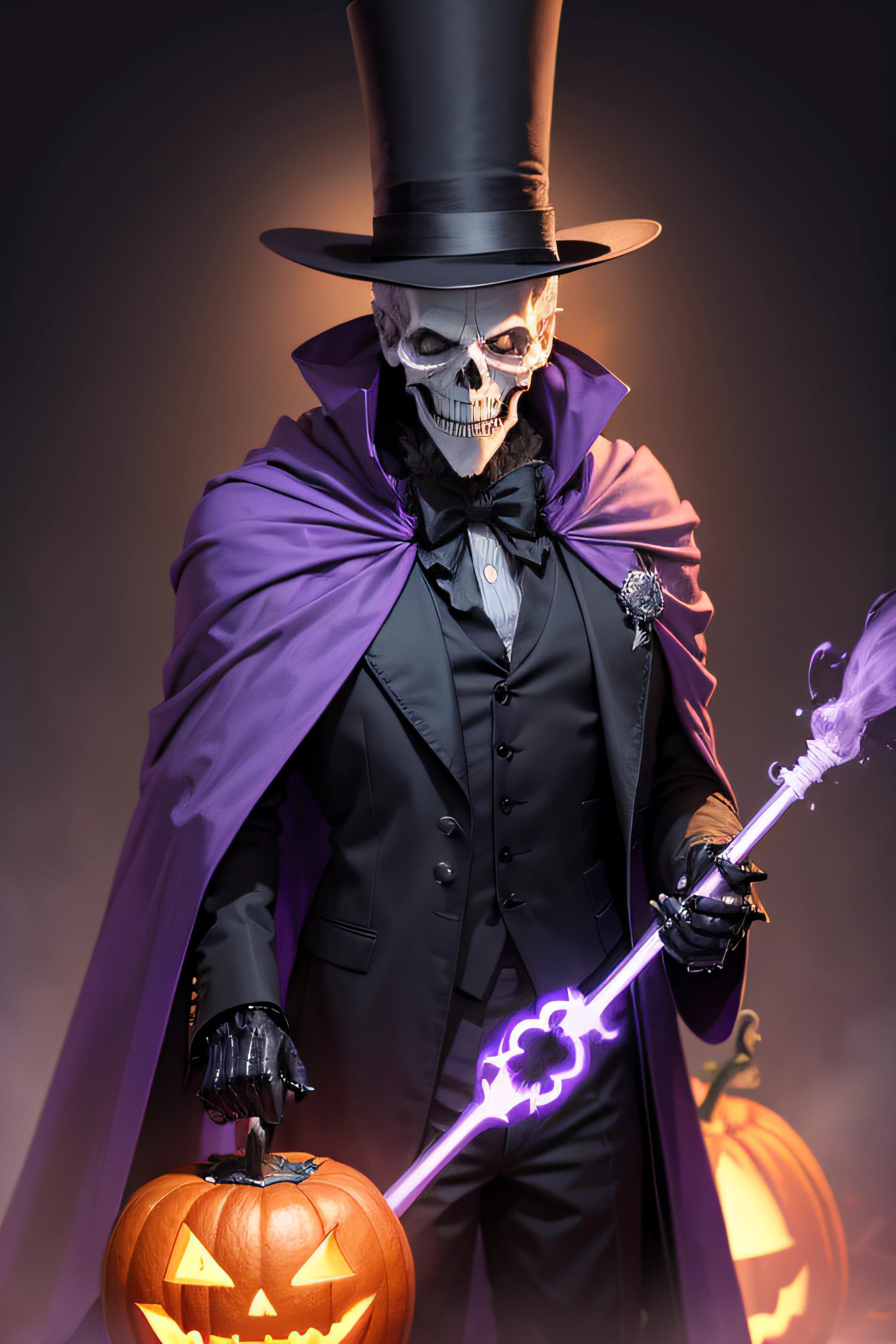 ultra detailed, beautiful and aesthetic, masterpiece, best quality, photorealistic, absurd quality, man in mechanical mask (skull), energy knife over palm, Dishonored style, 20th century dark suit, villain pose, wavy black hair, hat (bowler)