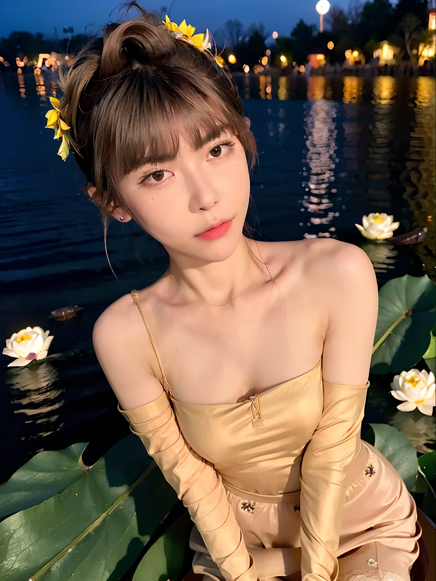(High quality, 8k, original character), (Fact: 1.5), (Masterpiece, Best Quality, High Resolution: 1.2), Girl, Summer Night, (Stockings Smooth Texture: 1.5), Sexy Skirt, Delicate Eyes, Delicate Image, Boat, River, Face to Camera, A Large Lotus Blooms Behind It, Moonlight, Breeze, Fireflies