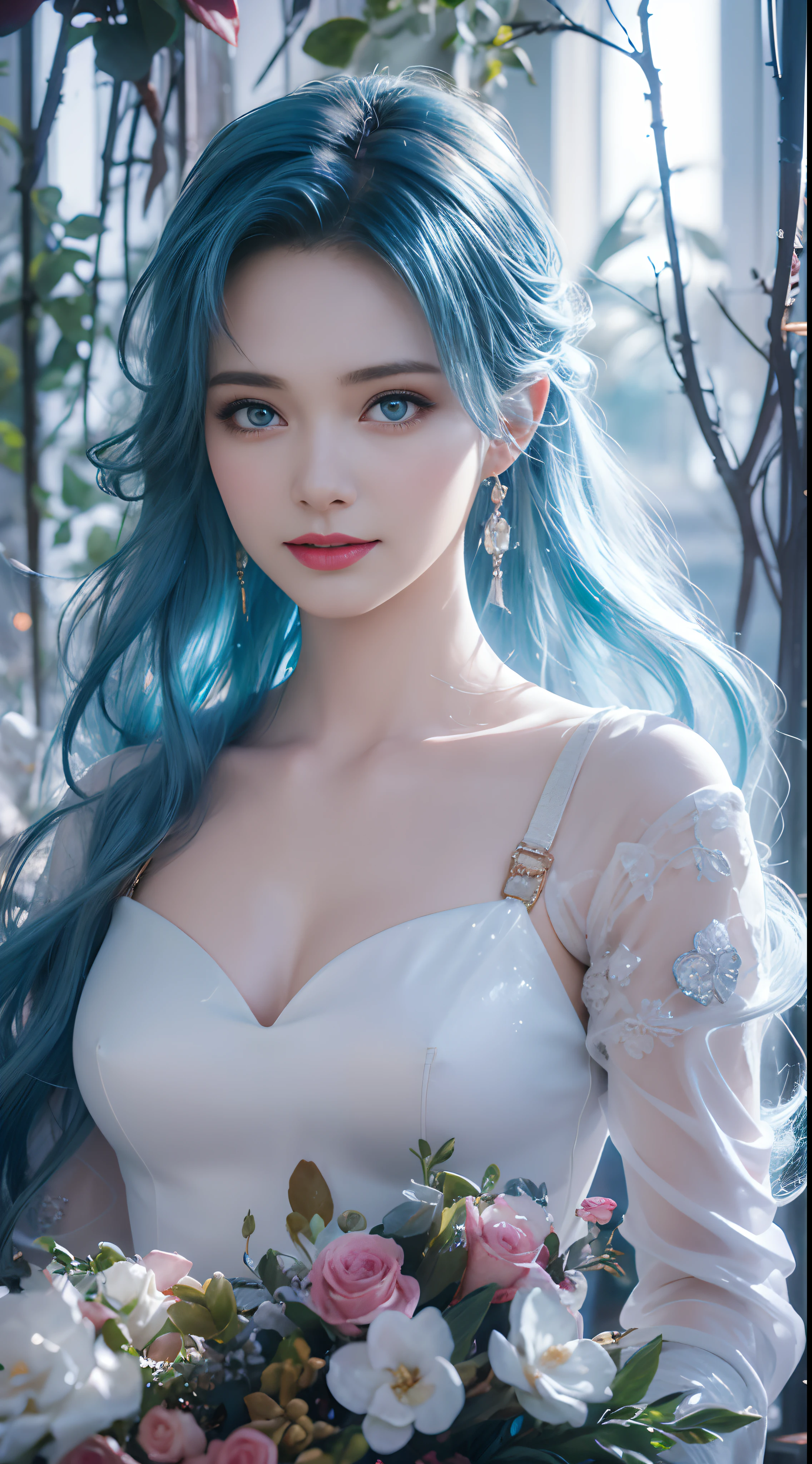 Top quality, lots of details, with a woman in a light blue dress posing for a photo, moon themed costume, astral witch costume, fantasy costume, live-action girl cosplay, beautiful celestial mage, inspired by cold plum, bandeau dress, popular on cgstation, celestial goddess, April rendering, light blue, dreamy medium portrait top light, light blue skin, amouranth, fantasy dress, full body close-up