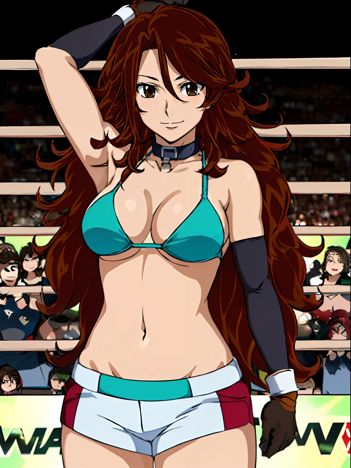 (wrestler), body view, anime style: 1.8, anime drawing, ultra detailed face, ultra detailed body, 4k, Sumergai Lee Noriega, (standing), best quality, anime style, hires, highest definition, digital blending, bold drawing lines, ((wwe diva), (location: wrestling arena, crowds watching), ( slim body, little biceps, thighs, off-shoulders, (curvy: 2.8)), ((bikini, shorts, groin, , white gloves, collar, elbow pad)), victorious, winner, gentle, (very big breasts, smile), (big eyes, brown eyes), (clapping), (brown hair, loose hair, curly hair, wavy hair, long hair, missy hair), 27 years old,