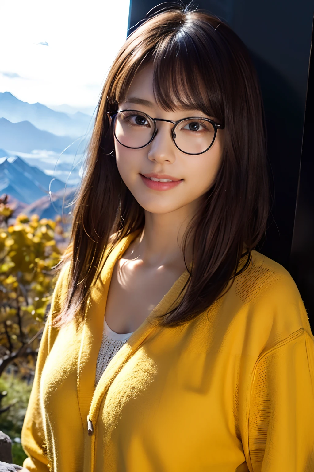 (8K、Raw photography、top-quality、​masterpiece:1.2)、(realisitic、Photorealsitic:1.37)、ultra-detailliert、超A high resolution、女の子 1 人、age19、see the beholder、beautifull detailed face、Smile、Constriction、(Slim waist) :1.3)、Beautiful detailed skin、Skin Texture、Floating hair、Hair bunched into one、(Mountaineering Wear:1.4)、large breasts with good shape、Professional Lighting、Autumn Campsites、teepee、(((Black square glasses )))、Whole human body、Black hair、Cute smile、bathrobe