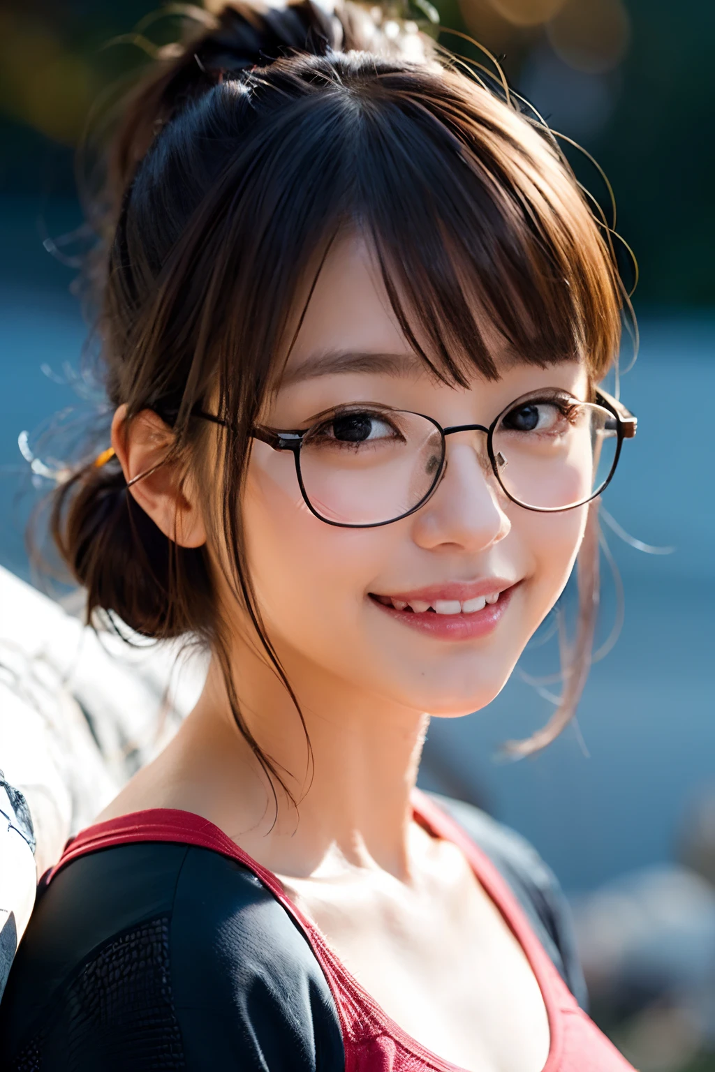 (8K、Raw photography、top-quality、​masterpiece:1.2)、(realisitic、Photorealsitic:1.37)、ultra-detailliert、超A high resolution、女の子 1 人、age19、see the beholder、beautifull detailed face、Smile、Constriction、(Slim waist) :1.3)、Beautiful detailed skin、Skin Texture、Floating hair、Hair bunched into one、(Mountaineering Wear:1.4)、large breasts with good shape、Professional Lighting、Autumn Campsites、teepee、(((Black square glasses )))、Whole human body、Black hair、Cute smile、bathrobe