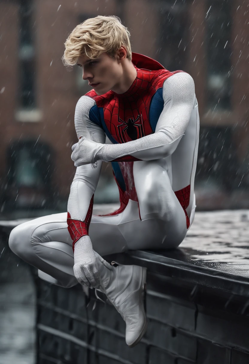 16 yo boy , white spider man suit, shooted hair, blonde, beautiful face, rain, roof, masterpiece, intricate detail, perfect anatomy