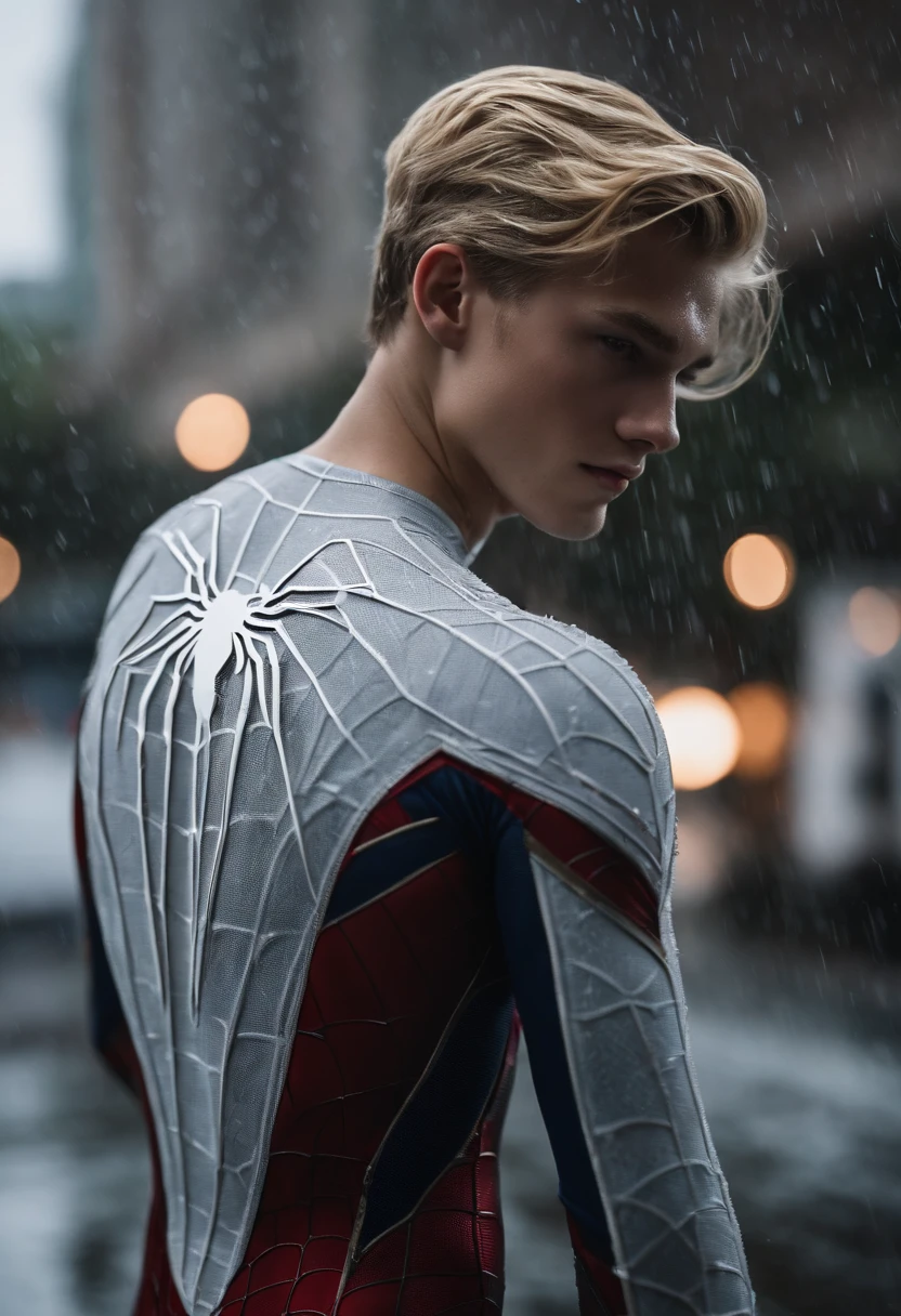 16 yo boy , white spider man suit, shooted hair, blonde, beautiful face, rain, roof, masterpiece, intricate detail, perfect anatomy