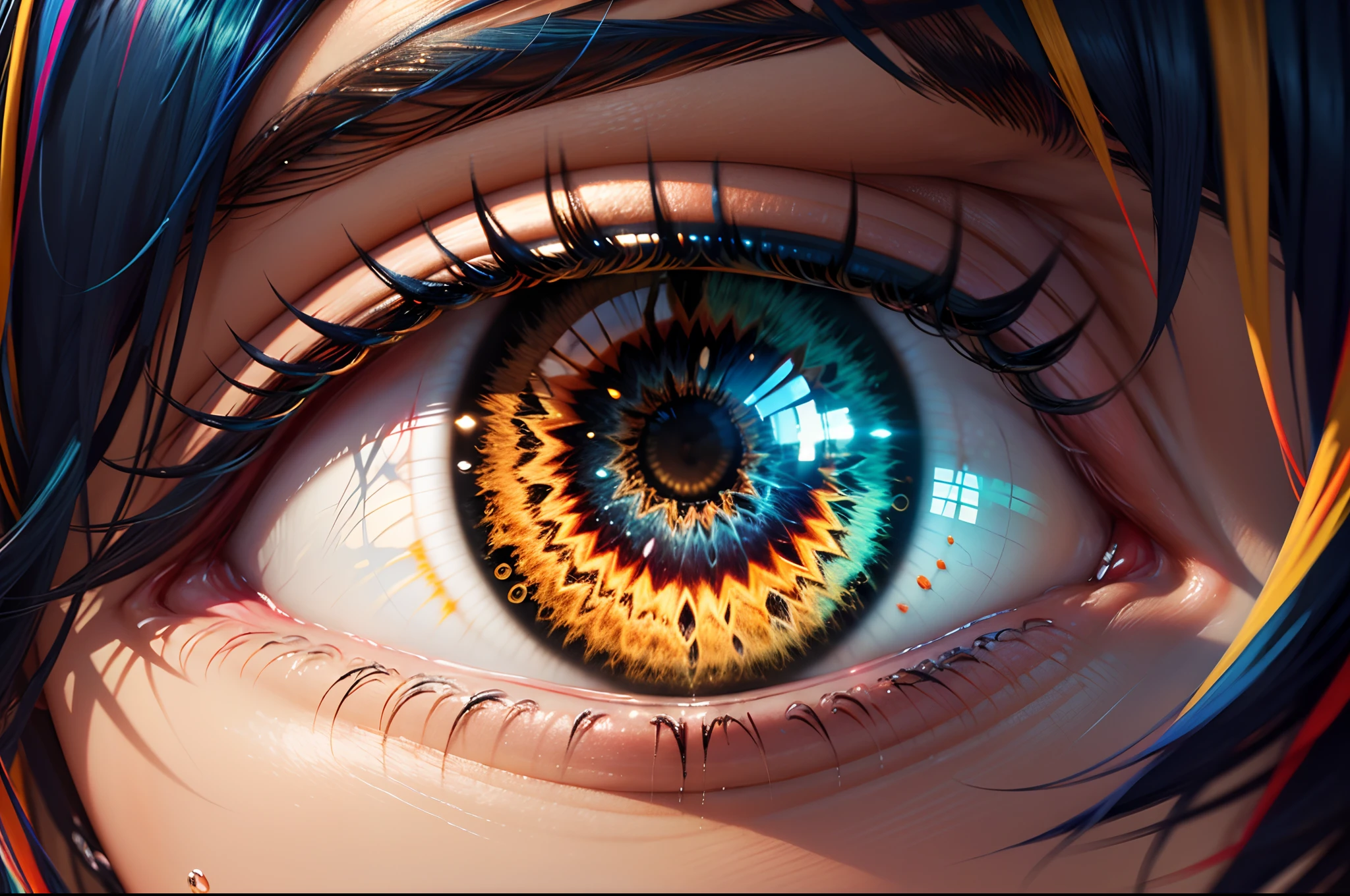 {{masterpiece}}, best quality, extremely detailed CG unity 8k wallpaper, cinematic lighting, lens flare, beautiful detail eyes, black, side glance, multicolor hair, colorful light, particles, heterochromia, (colorful:1.5), (colorful hair:1.5),
