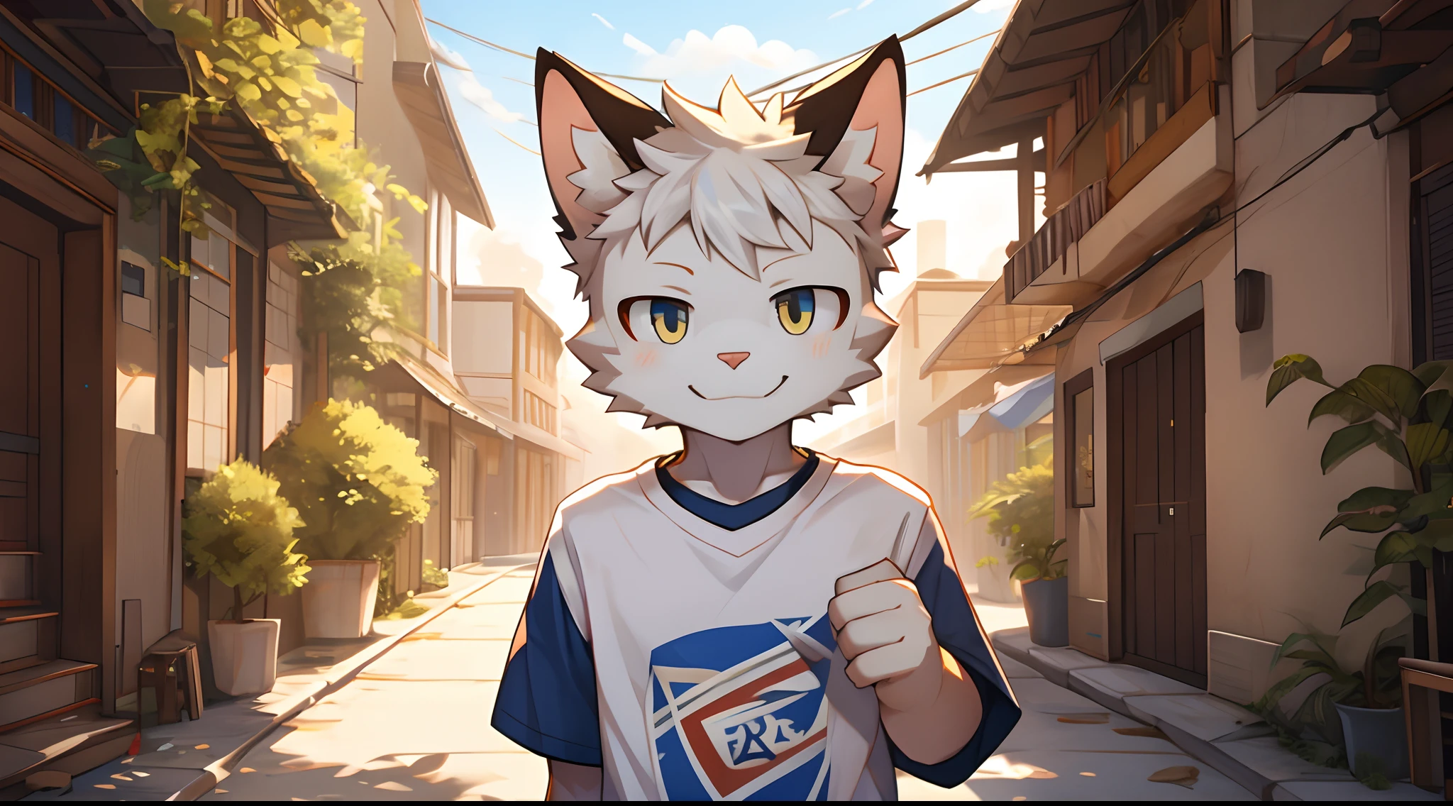 4k, highrez, white cat boy, solo, face only, t-shirt, 8 boy, smiling