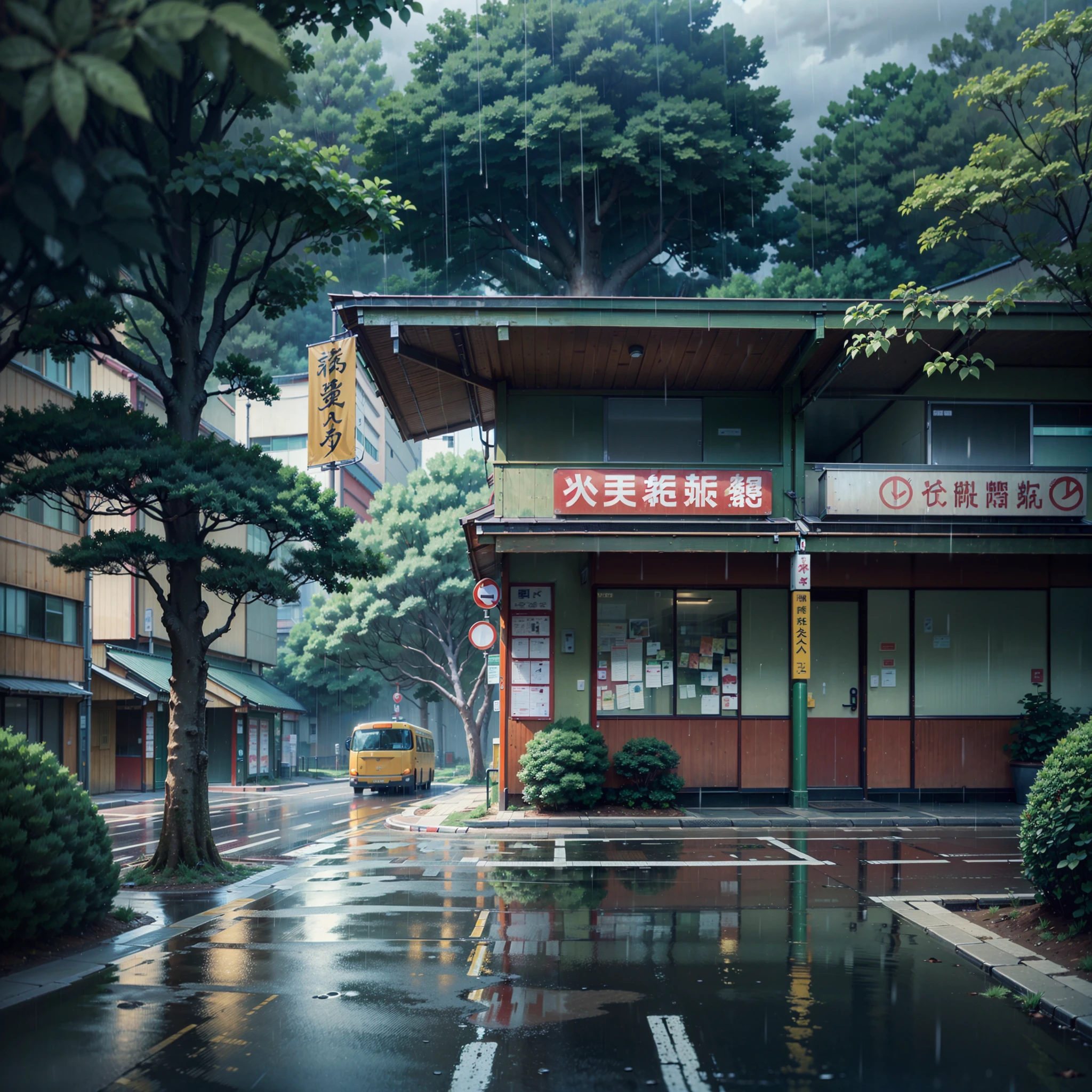 raining, gloomy weather. Japanese bus stop, surrounded by trees and vegetation on one side of the street and modern japanese buildings on the other side. Best quality. No one in sight. Anime. Anime style. lofi. dramatic weather. wide view, wide angle. Next to street. Modern village