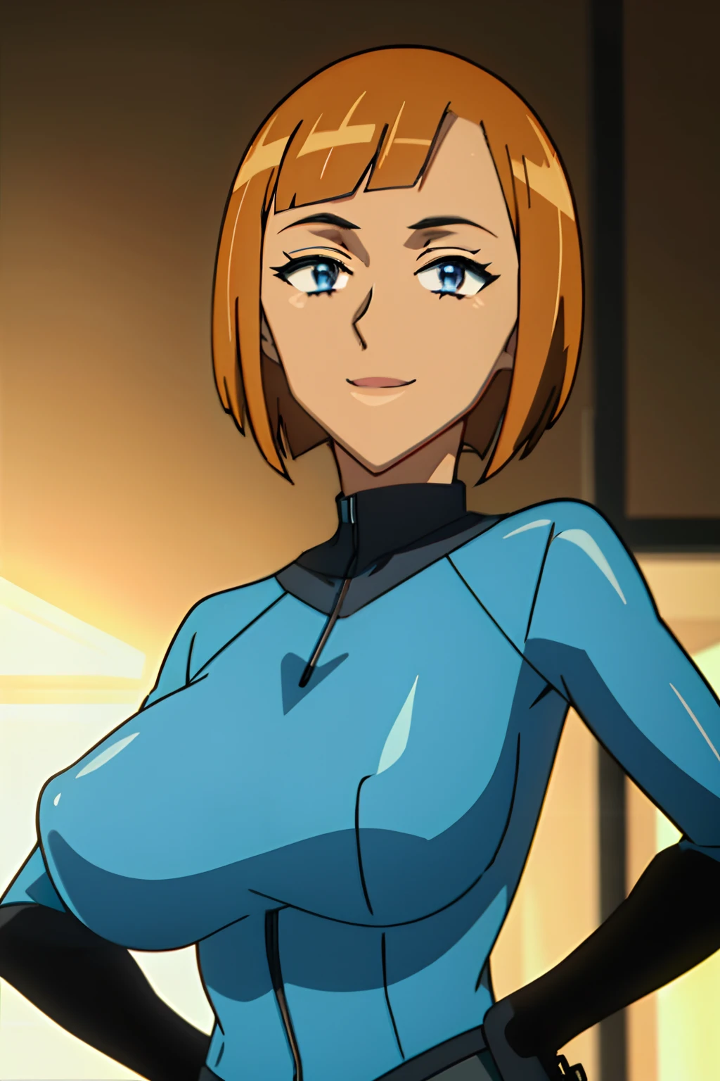 ((maddie_fenton 1.8)), skintight suit, lab background,(skindentation:1.1),1girl,best quality, sharp focus,(Masterpiece), (Best Quality), soft lighting,(specular lighting:1.2),solo, bobcut,smile, upper body, huge breasts, blue suit, black gloves, brown hair, hands on hips, wide hips,milf