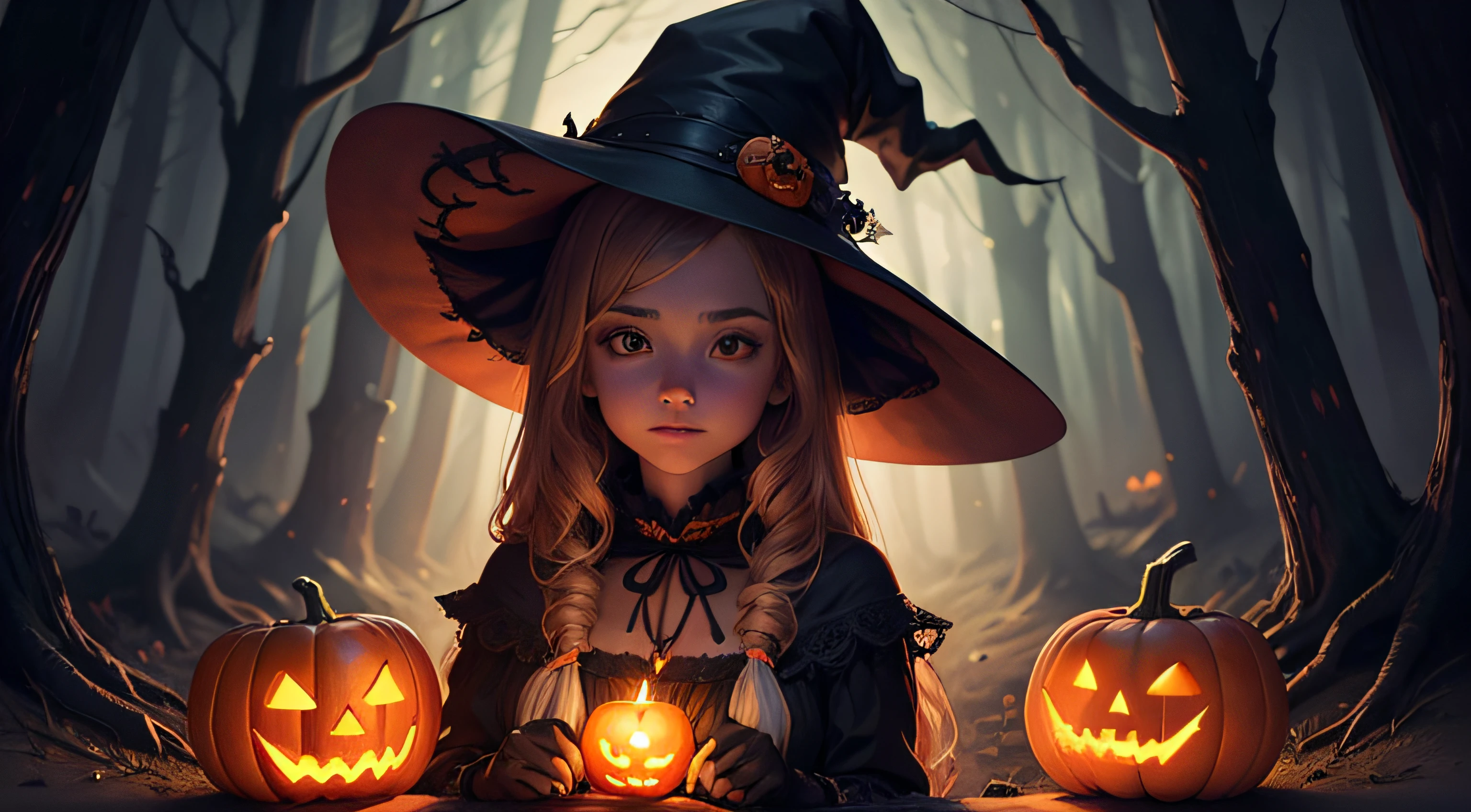 Halloween Witch with a carved Pumpkin and magic lights in a dark forest. Beautiful young surprised woman in witches hat and costume holding pumpkin. Wide Halloween party art design