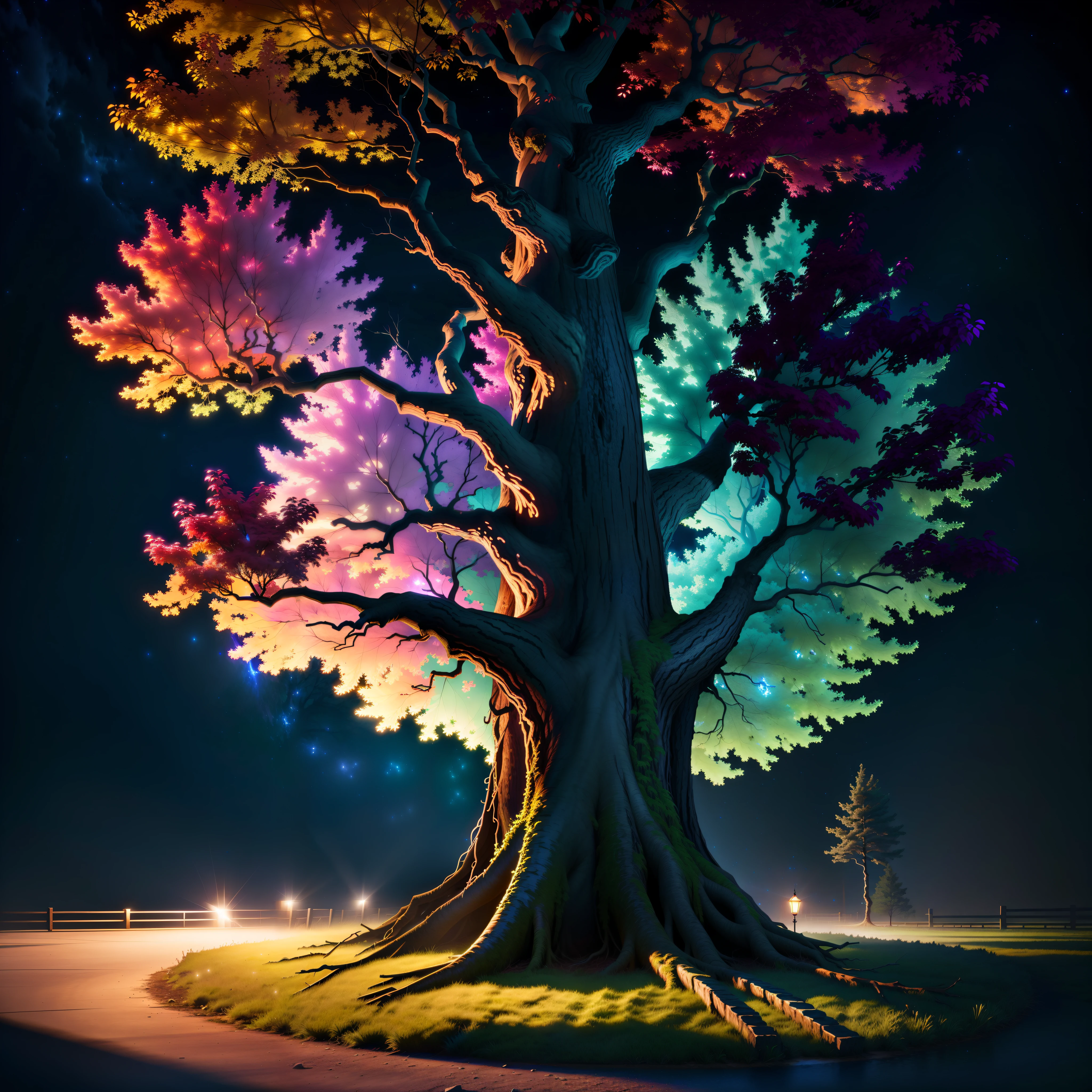 Tree overflowing with magic in night realistic 4k hd quality colorful