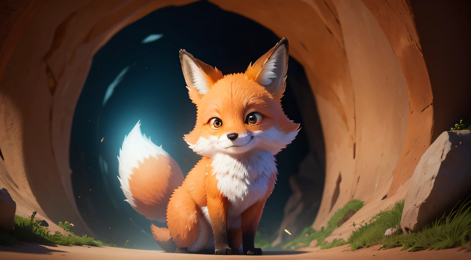 Adorable fox in Pixar movie style, cinematic lighthing, Depth detection, olhos grandes, muito fofo, 8k, em uma caverna, Cauda Longa, sorridente, muito feliz, corpo inteiro, olhos brigtness, acordando alegremente