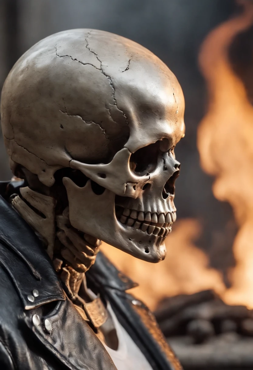 (RAW Photo, Best Quality), (Realistic, Photorealistic Photo: 1.3), Best Quality, Highly Detailed, Masterpiece, Ultra Detailed, Illustration, ghost rider, burning skull, black ripped jacket, ripped black jeans, black shoes, epic background, standing like ghost rider, upper body, ghost riders costume, Best Quality, Extremely Detailed CG Unified 8k Wallpaper, Ink, Amazing, badass look, portrait, close up (skull texture), intricately detailed, fine details, hyperdetailed.