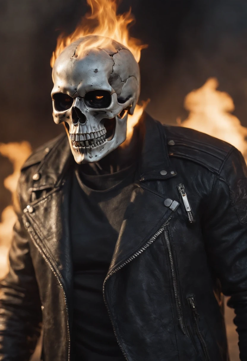 (RAW Photo, Best Quality), (Realistic, Photorealistic Photo: 1.3), Best Quality, Highly Detailed, Masterpiece, Ultra Detailed, Illustration, ghost rider, burning skull, black ripped jacket, ripped black jeans, black shoes, epic background, standing like ghost rider, upper body, ghost riders costume, Best Quality, Extremely Detailed CG Unified 8k Wallpaper, Ink, Amazing, badass look, portrait, close up (skull texture), intricately detailed, fine details, hyperdetailed.