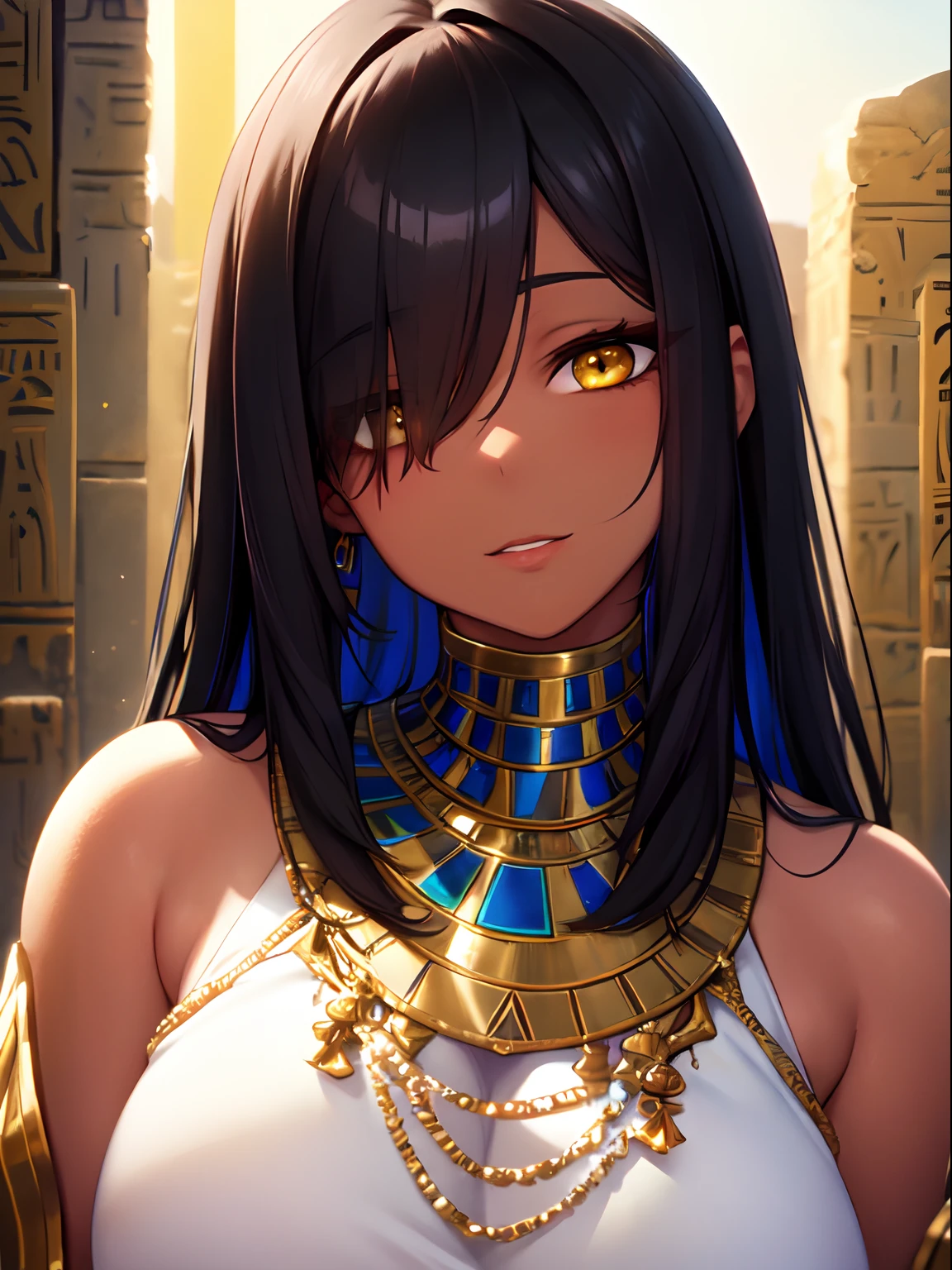 (SLE, mksks style, detailed background:1.1), (solo:1.3), mature, woman, dark skin, white egyptian dress, long hair, black hair, beautiful hair, hair over eye, yellow eyes, voluptuous body, portait, head tilt, close up, volumetric lighting, (outdoor:1.3), egyptian house, colorful