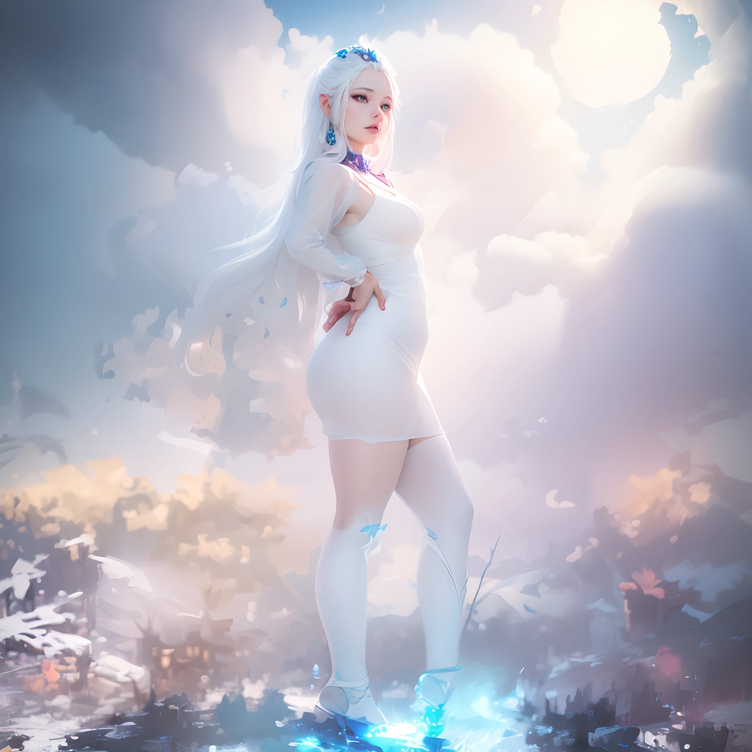 anime girl with long white hair and a transparent blue dress in the snow, white haired deity, white hair floating in air, anime fantasy illustration, flowing white hair, beautiful young wind spirit, beautiful fantasy anime, glowing flowing hair, ethereal anime, beautiful anime artwork, beautiful digital artwork, anime fantasy artwork, ((a beautiful fantasy empress)), 2. 5 d cgi anime fantasy artwork