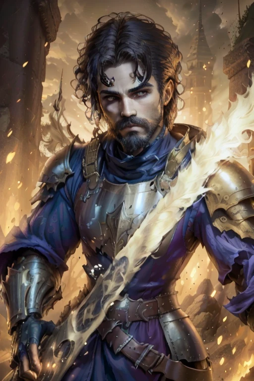 (best quality,highres),Paladino with mustache,arabesque features,no beard,full shiny armor,eyes shining with divine light,detailed facial features,strong and confident posture,standing in a heroic pose,peaceful and serene background,beautiful sunset colors, soft golden light,artistic brush strokes,realistic and vibrant colors,hint of ancient ruins in the background,emphasis on intricate armor details,hint of magical elements in the scene,subtle ethereal glow surrounding the paladin's figure,dramatic lighting and shadows,to emphasize the epicness of the scene