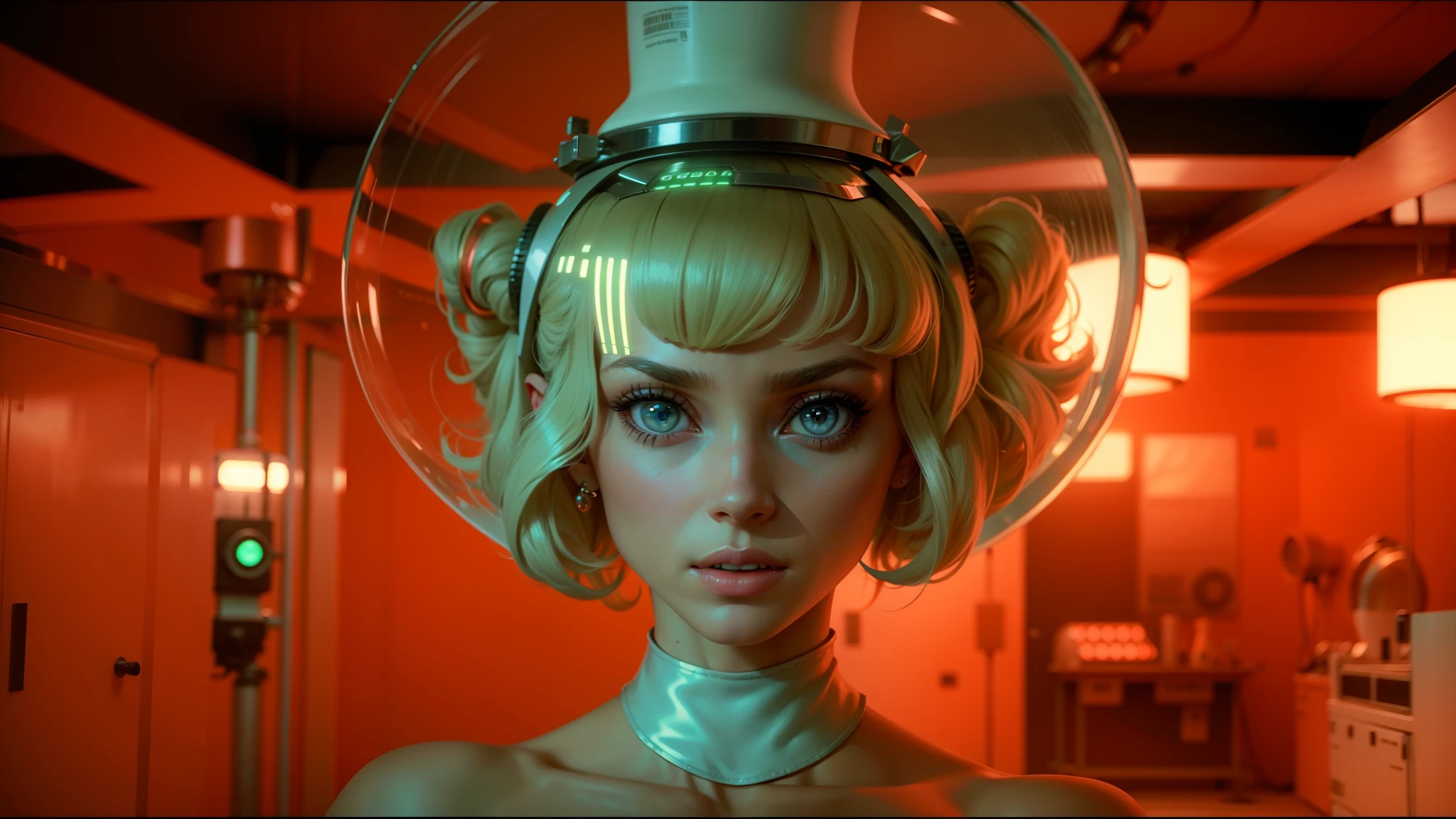 a close up of a woman with a hair dryer on her head, still from the movie, neon city domes, by François Quesnel, abbey lee kershaw as emma frost, clockwork orange, inside of a 1970s science lab, luminous cockpit, design milk, nude, big nude breasts, perfect erect nipples, samara weaving, constructivism, very large eyes. symmetry