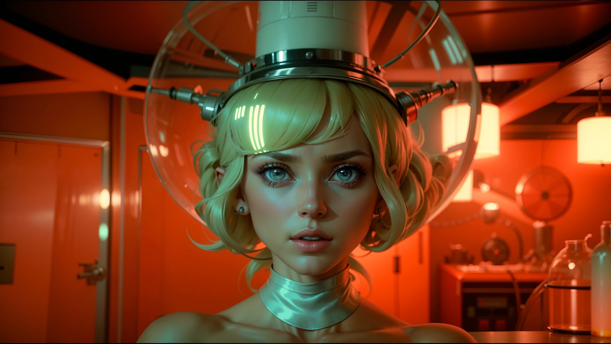A Modern flat toon Crazy whit a Big ONE a Only Eye Robot and helmet Style, like Christina Aguilera nude in Cyan hair, camouflage Pink Light Green Rusty, Ambient in a meteorite crater super detailed, center, beautiful, soft lighting, focused on the character, 4K resolution, photorealistic rendering,
