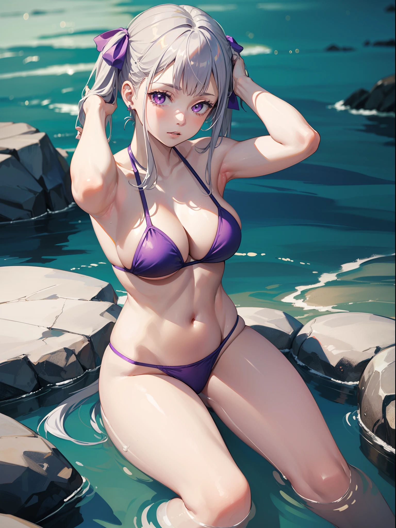 (((masterpiece, best quality, highres))),((1 girl, solo, solo girl, 1 figure, solo figure)) beautiful noelle_silva, long hair, (hair ribbons, purple colored hair ribbons), (white hair, silver hair), twin tails, pig tails, bangs, earring, jewelry, silver hair, purple eyes, (purple colored bikini, purple colored panties), large breast, (cleavage), large boobs, ((sitting, cow girl position)), ((armpits, armpits exposed)), alluring armpits, (hands in hair), (attitude look), BREAK outdoor, (hot springs), blur background, ((upper angle shot, above angle shot)), alluring face, (perfect fingers, perfect anatomy), 4k