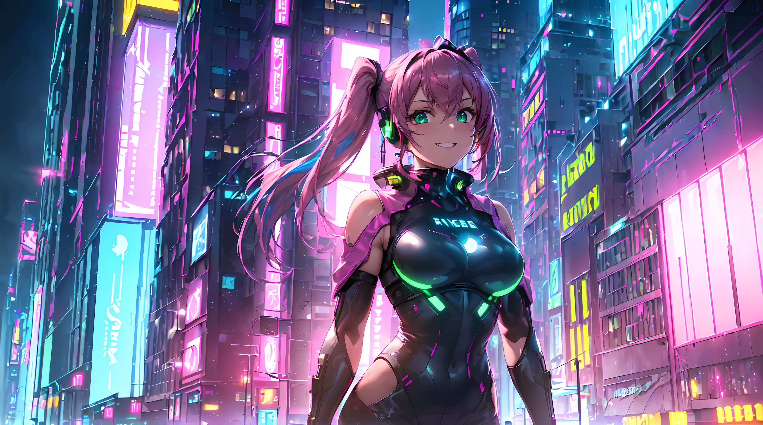 ​masterpiece, 1girl ((20year old, futuristic bodysuit, knee-high boots, medium breasts, multi-color pink hair, twin ponytails, green eyes, flirting, happy, big smile, headphones, standing in the street of a SCI-FI futuristic and modern street, towering skyscrapers, futuristic and energetic atmosphere)) ((nighttime)), high camera angle