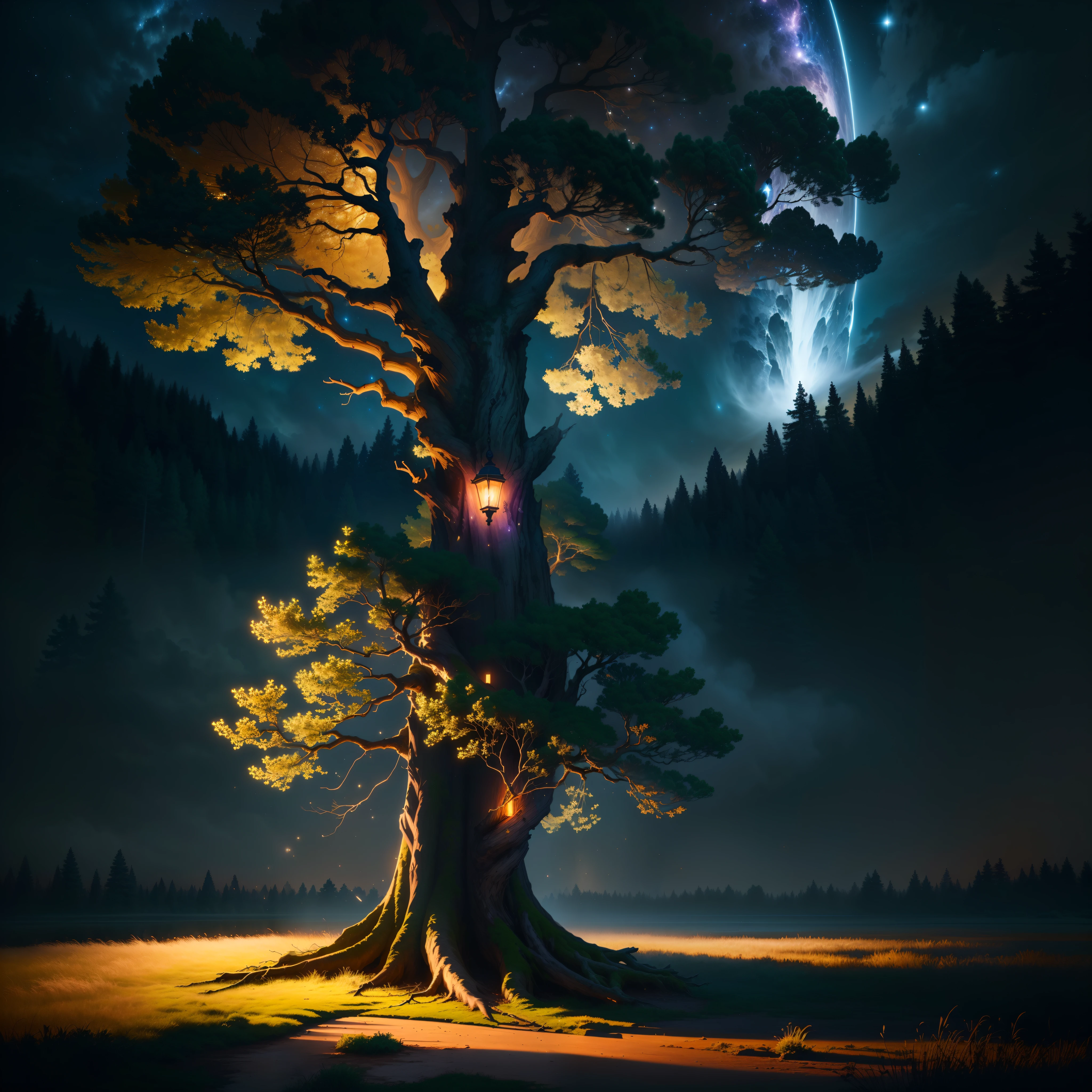 Tree overflowing with magic in night realistic 4k hd quality