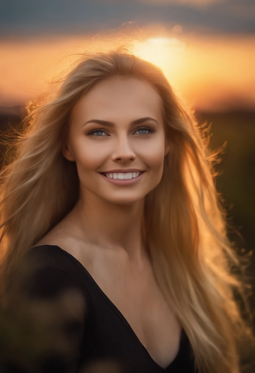 1girls, Fotomodell, smil, Fokus auf den Betrachter, nice lighting, best quality, Meisterwerk, Ultra-High-Res, fotorealistisch, blondes haar, Erstellen Sie eine Nahaufnahme eines Gesichts, das alle Details und Merkmale sichtbar macht, white skin,( Sonnenuntergang Hintergrund:1.4)