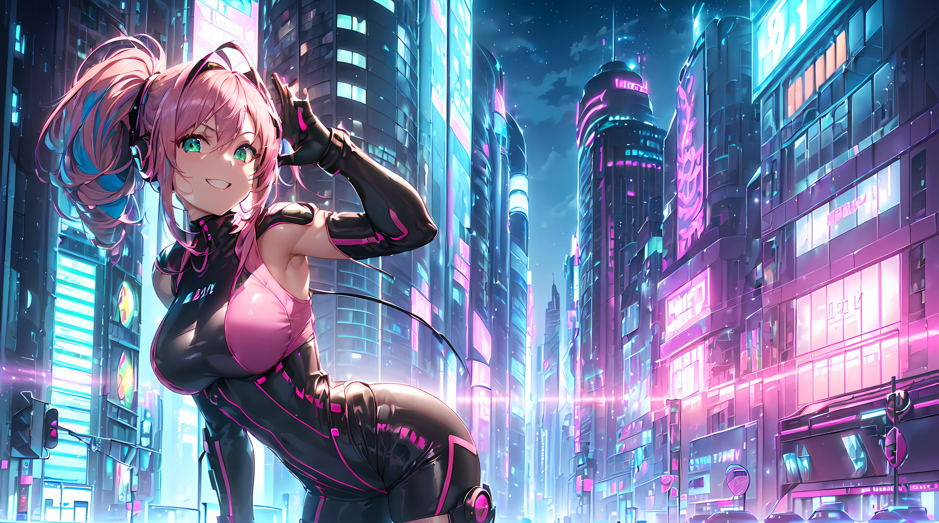 masterpiece, 1girl ((20year old, futuristic bodysuit, knee-high boots, medium breasts, multi-color pink hair, twin ponytails, green eyes, flirting, happy, big smile, looking into camera, headphones, standing in the street of a SCI-FI futuristic and modern street, towering skyscrapers, futuristic and energetic atmosphere)) ((nighttime)) ((low camera angle))